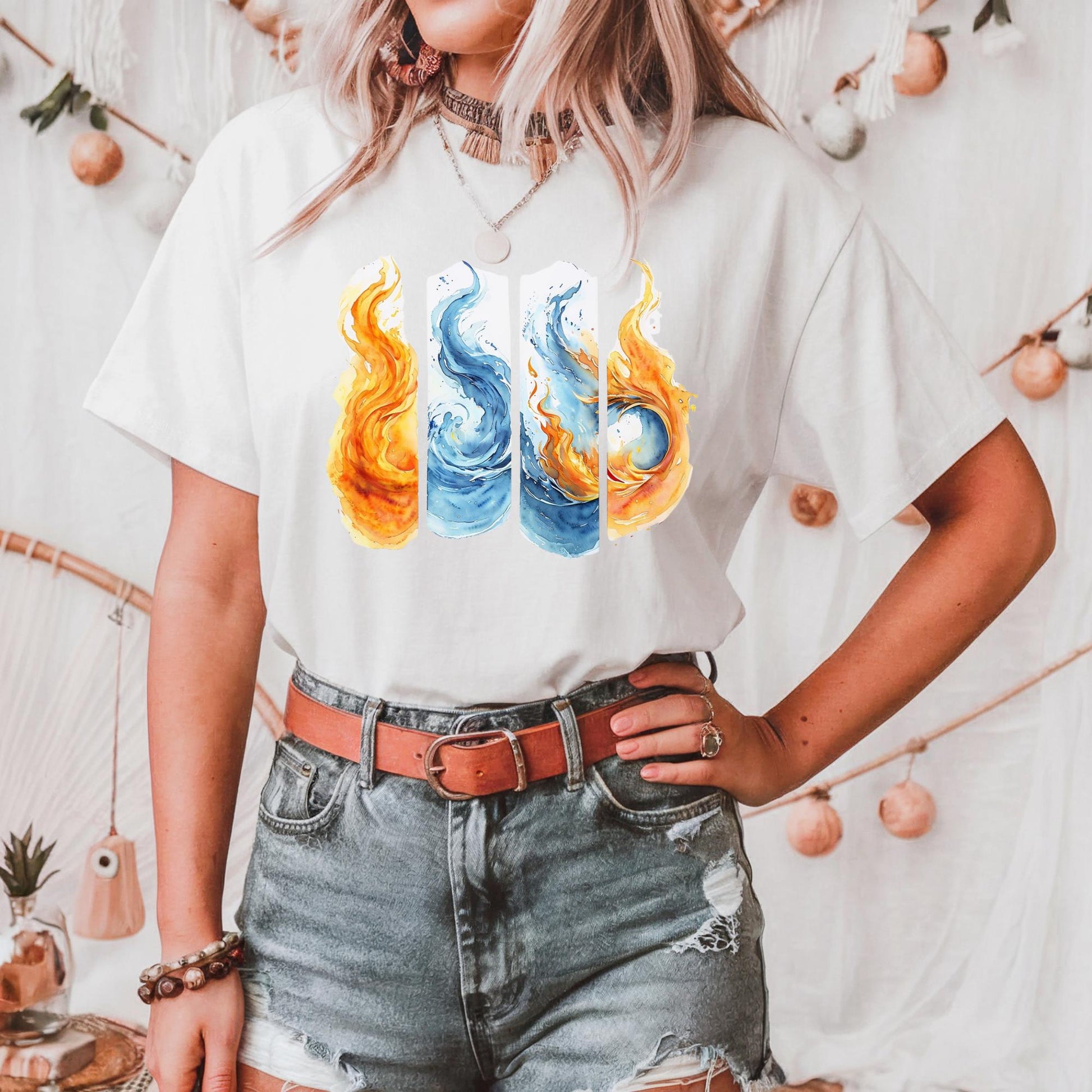 Colorful Flame Graphic Unisex Heavy Cotton Tee, Elemental Fire & Water Graphic Tee, Casual Summer Wear, Artsy Shirt, Gift for Fire Lovers