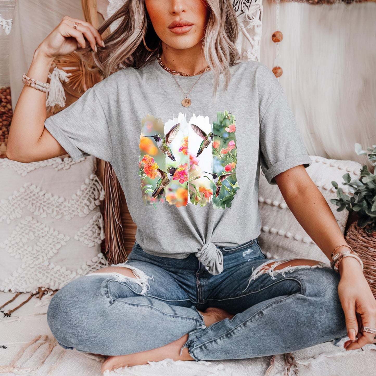 Floral Hummingbird T-Shirt, Nature Lover Tee, Gift for Gardeners, Spring Apparel, Eco-Friendly Style, Vibrant Bird Art T-Shirt