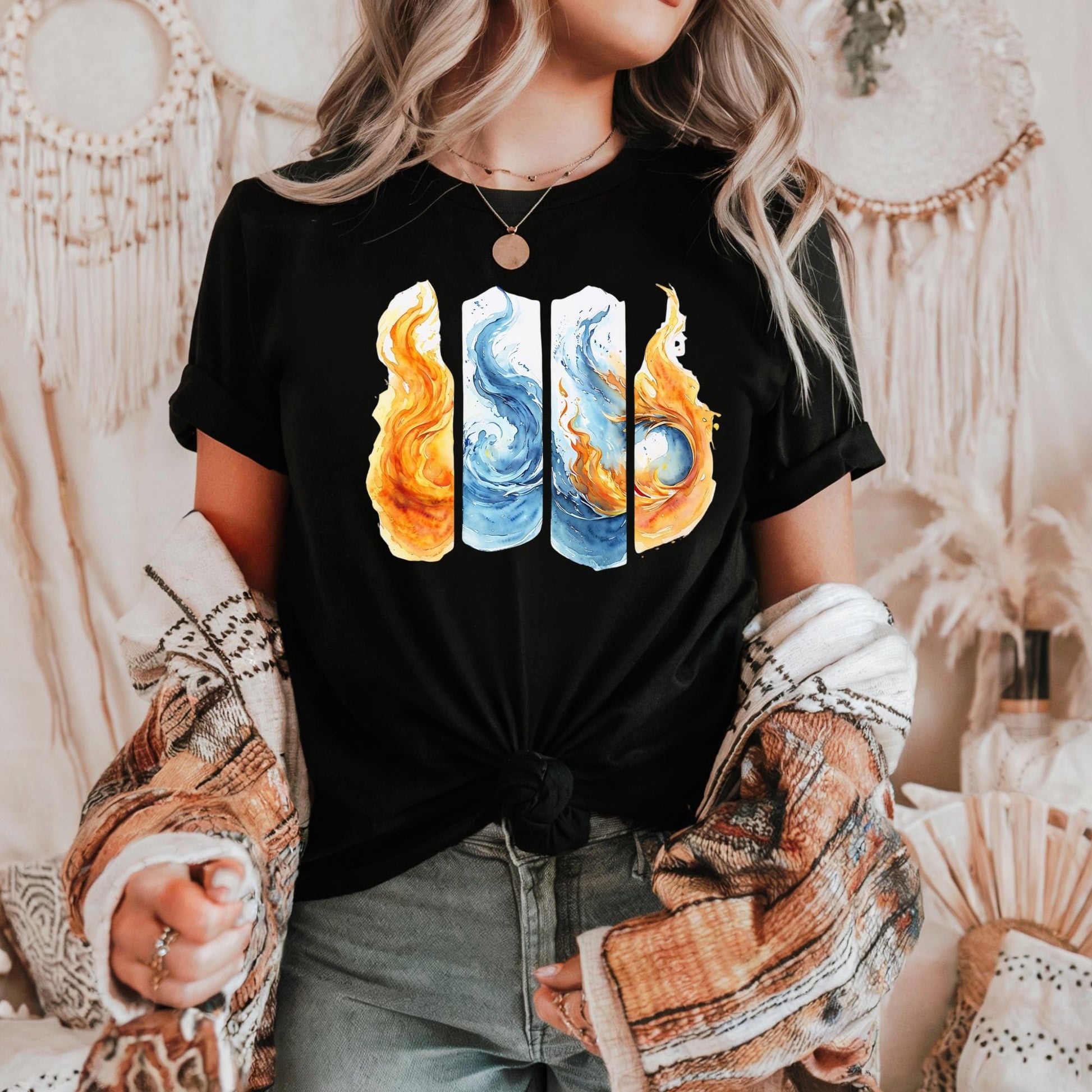 Colorful Flame Graphic Unisex Heavy Cotton Tee, Elemental Fire & Water Graphic Tee, Casual Summer Wear, Artsy Shirt, Gift for Fire Lovers