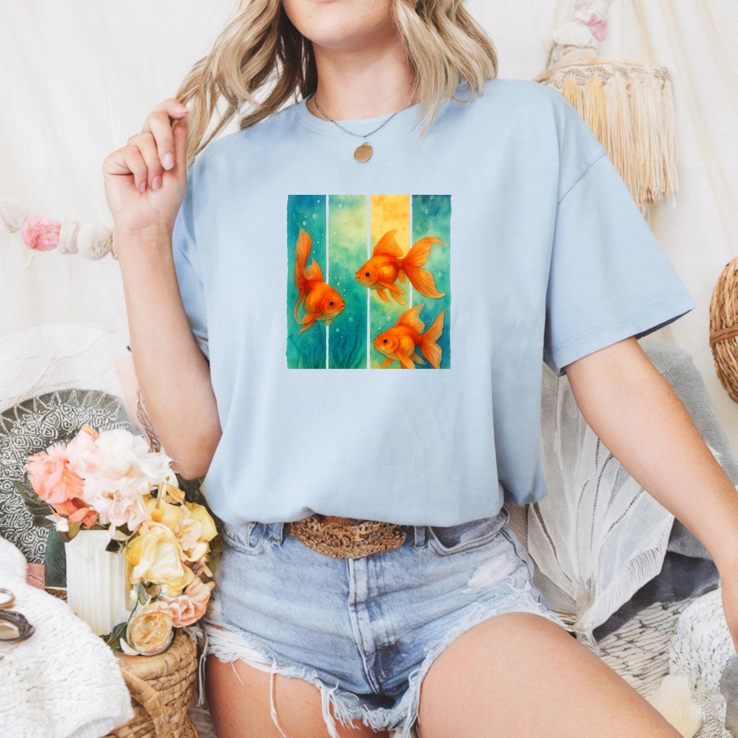 Unisex Heavy Cotton T Shirt Colorful Goldfish Art Tee Aquatic Lovers Gift Fish Enthusiasts Casual Wear Unique Fish Graphic Top Apparel