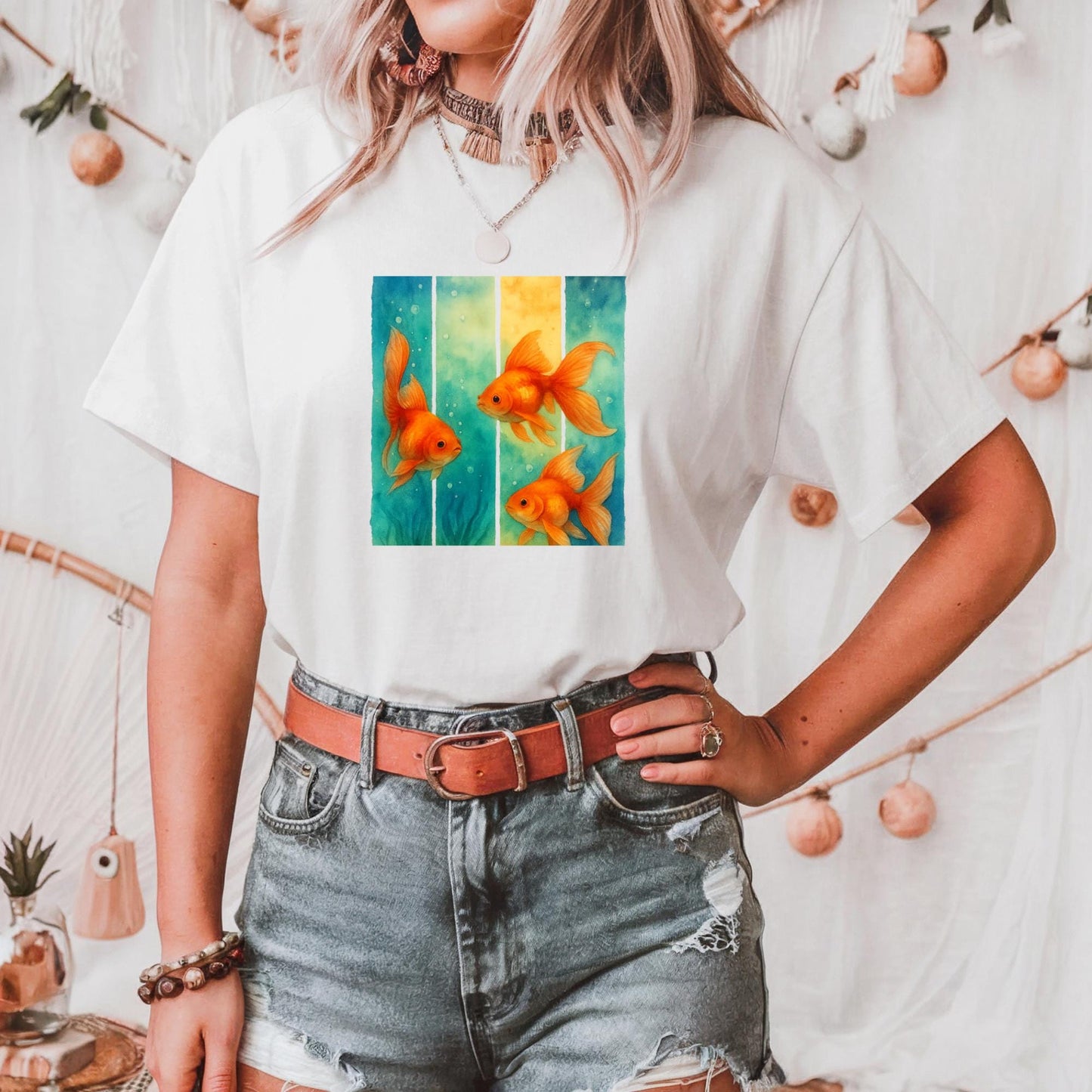 Unisex Heavy Cotton T Shirt Colorful Goldfish Art Tee Aquatic Lovers Gift Fish Enthusiasts Casual Wear Unique Fish Graphic Top Apparel