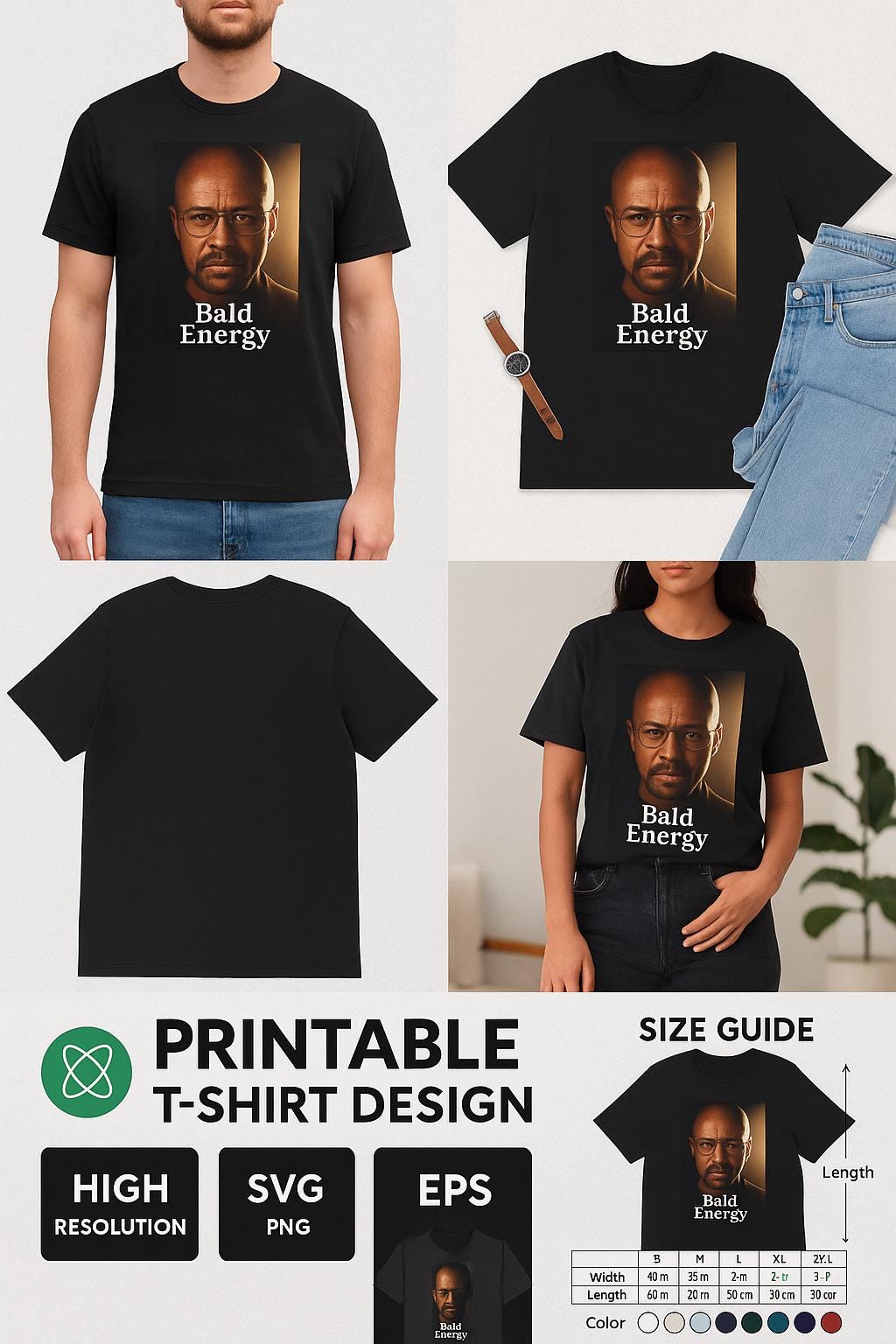 Bald Energy T Shirt Design Funny Printable Shirt for Men Sarcastic Bald Guy Quote Digital Download for Iron On Transfer