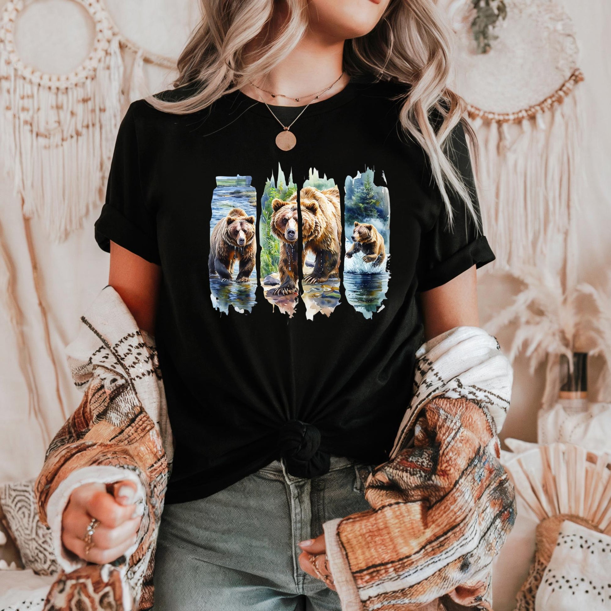 Organic Cotton Grizzly Bear T Shirt Wildlife Art Graphic Tee Nature Lover Unisex Forest Animal Gift Majestic Bear Top Casual Apparel