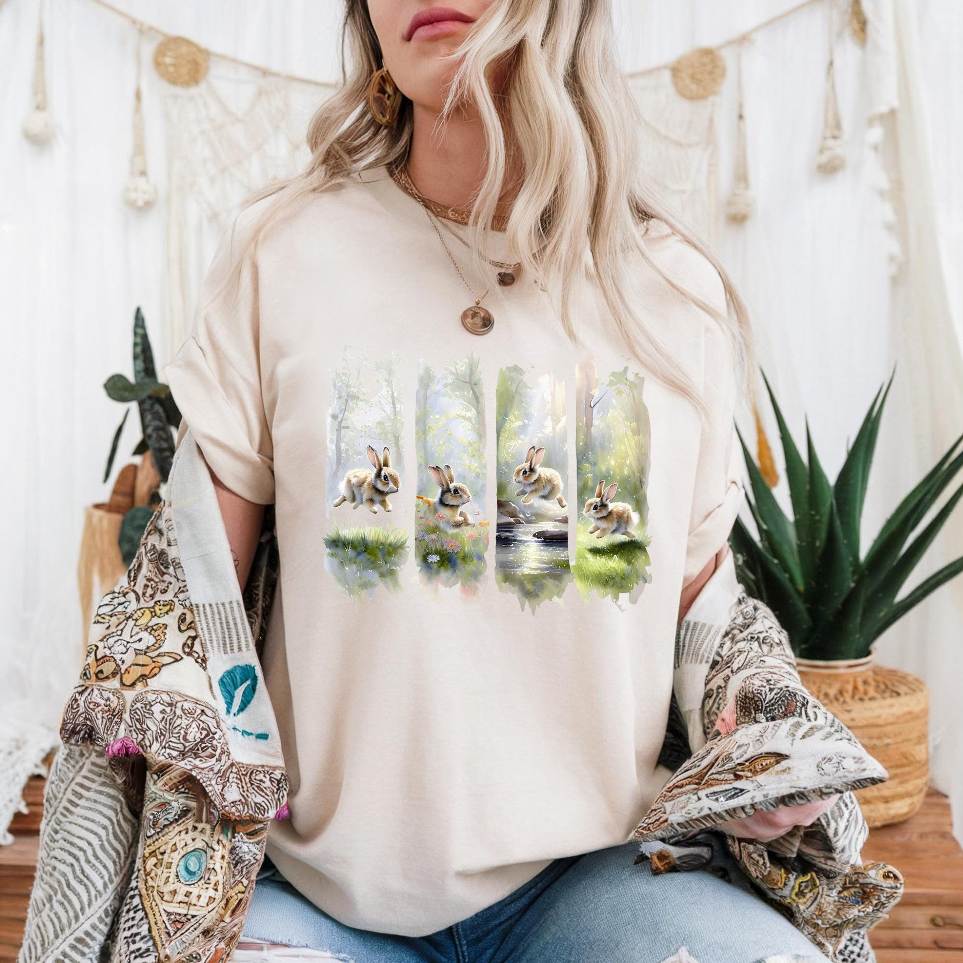 Nature-Inspired Unisex Heavy Cotton Tee, Bohemian Style Shirt, Eco-Friendly Gift, Outdoor Enthusiast Tee, Summer Wear, Forest Rabbit Tee