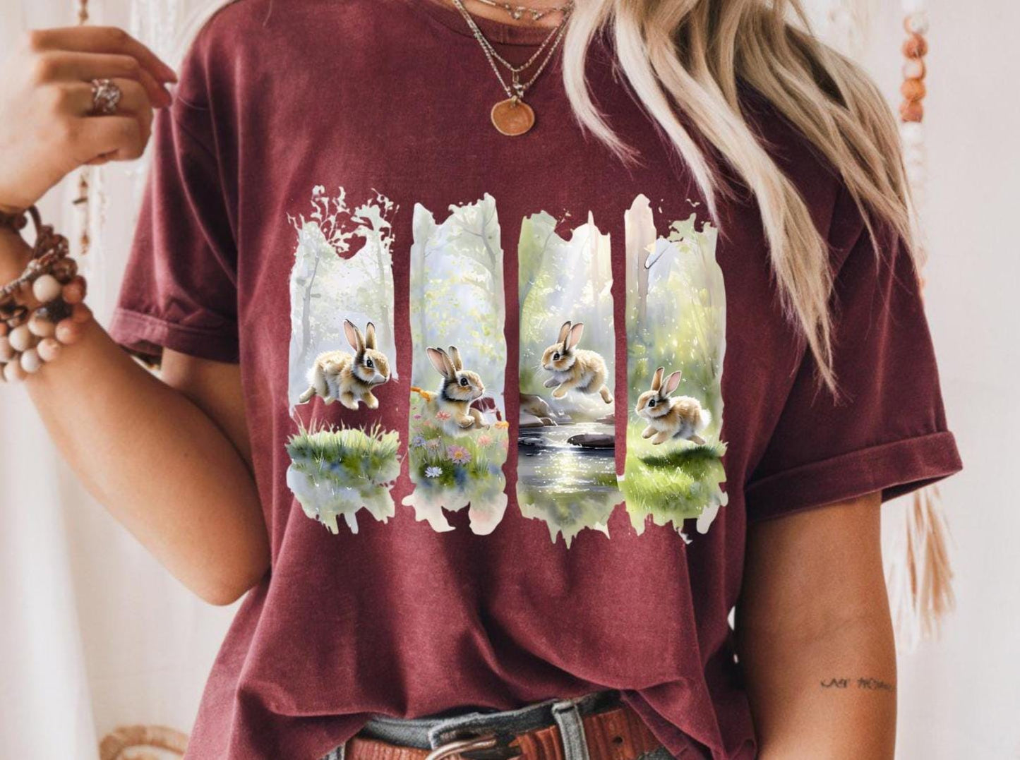 Nature-Inspired Unisex Heavy Cotton Tee, Bohemian Style Shirt, Eco-Friendly Gift, Outdoor Enthusiast Tee, Summer Wear, Forest Rabbit Tee