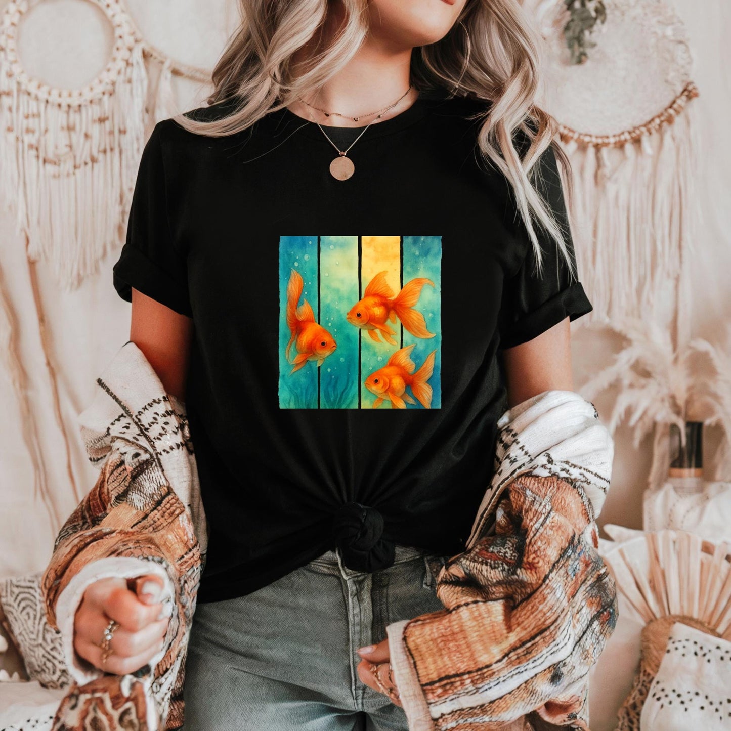 Unisex Heavy Cotton T Shirt Colorful Goldfish Art Tee Aquatic Lovers Gift Fish Enthusiasts Casual Wear Unique Fish Graphic Top Apparel