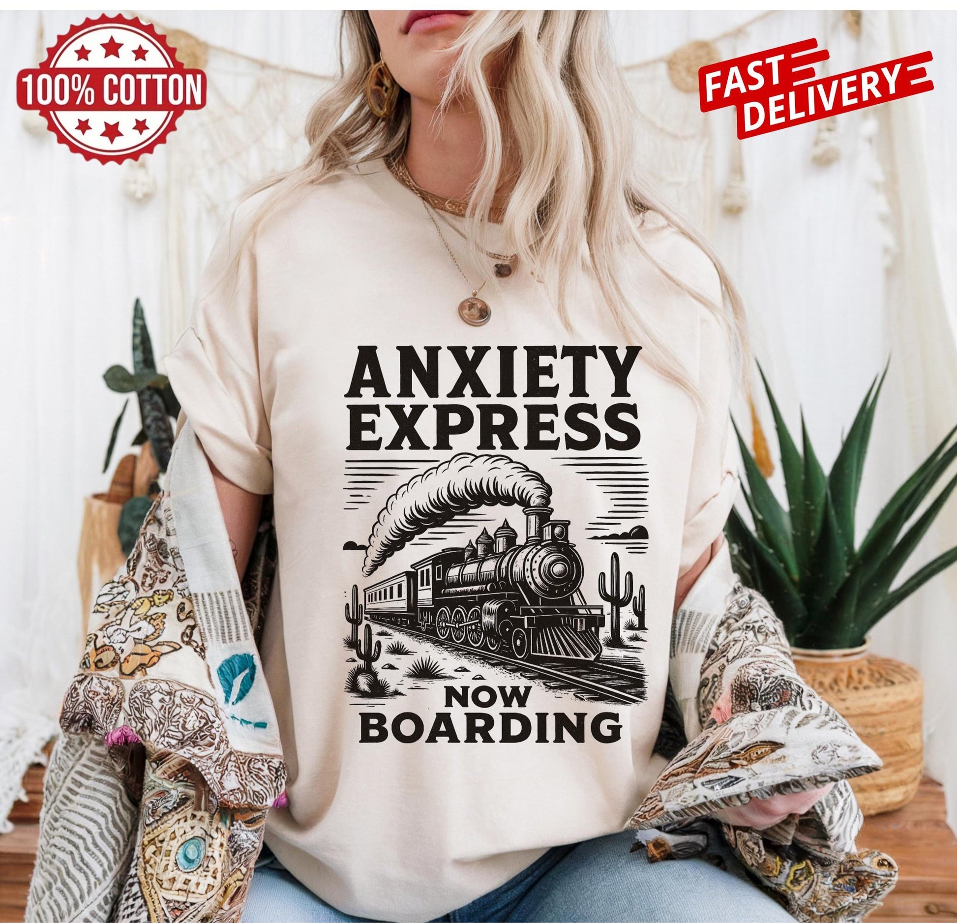 Anxiety Express train quote shirt, relatable humor tee for anxious people, vintage sarcastic mental health oversized t-shirt