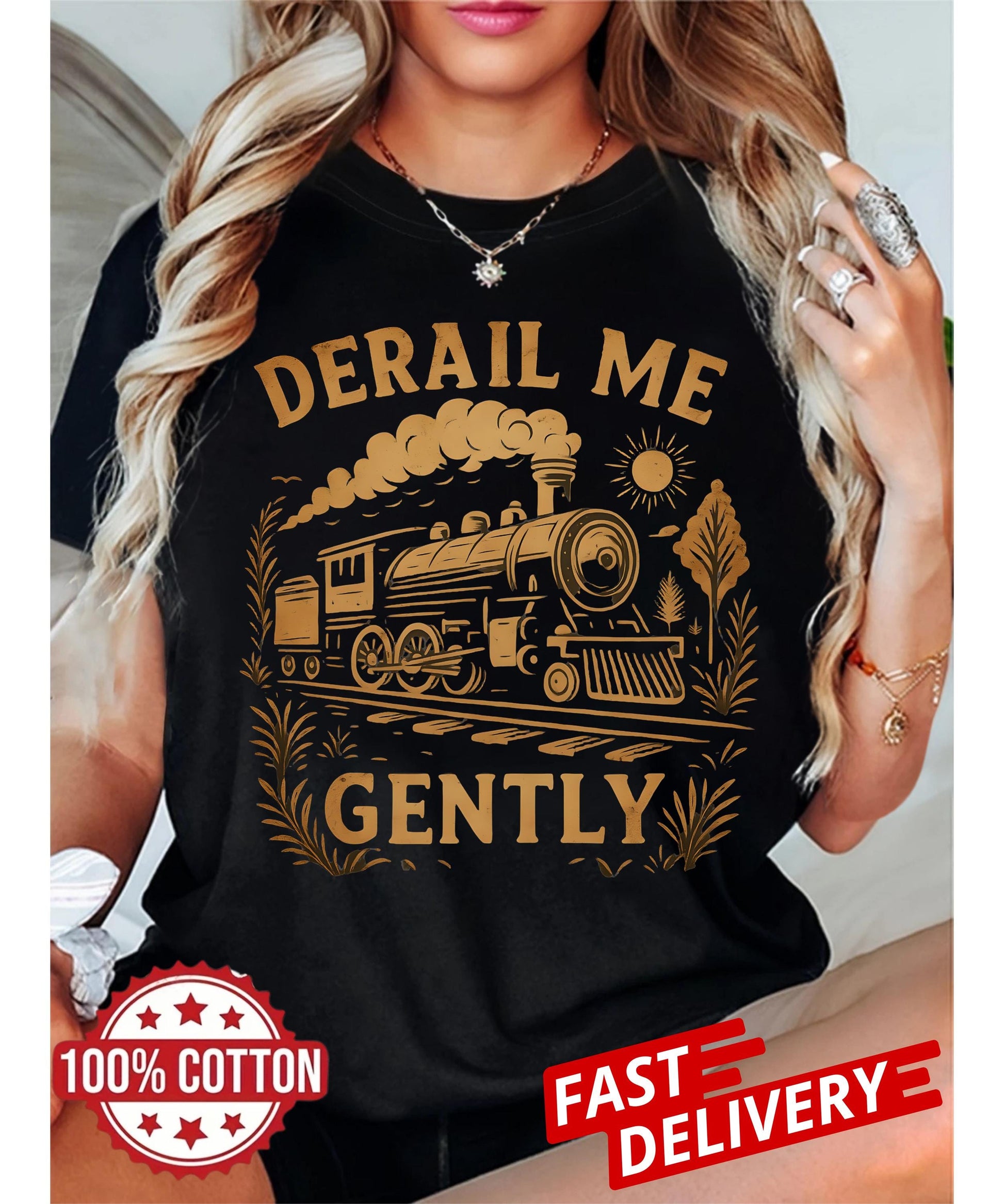 train lovers graphic tee with derail me gently quote, unisex soft t-shirt featuring vintage locomotive art and retro sarcastic humor