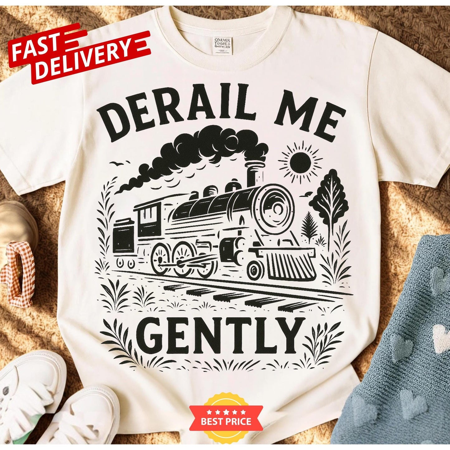 derail me gently unisex t-shirt with vintage train art, sarcastic humor gift, retro locomotive tee for adults who love quirky fashion