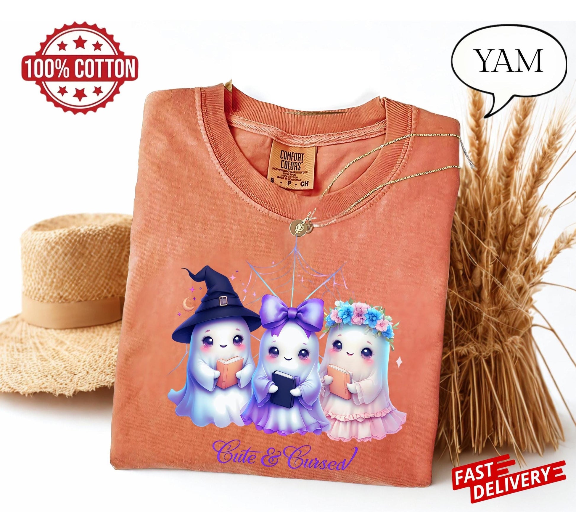White cotton t-shirt with a centered graphic print. The illustration features three kawaii-style mice: on the left, a gray mouse wearing a black witch hat and holding an orange pumpkin; in the middle, a white mouse with a large pink bow; on the right, a brown mouse with an autumn floral crown. The design uses soft, pastel colors, creating a cheerful and whimsical Halloween vibe.