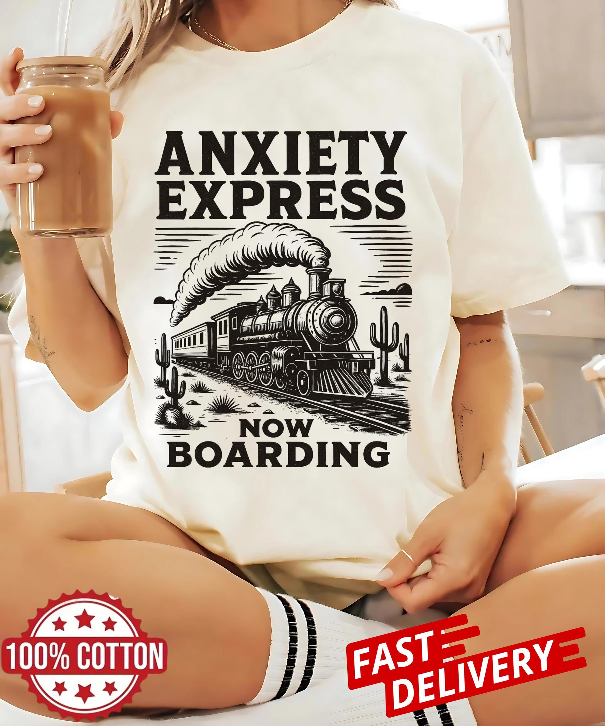 Anxiety Express sarcastic train tee, funny anxiety quote shirt, mental health humor gift, retro oversized t-shirt unisex