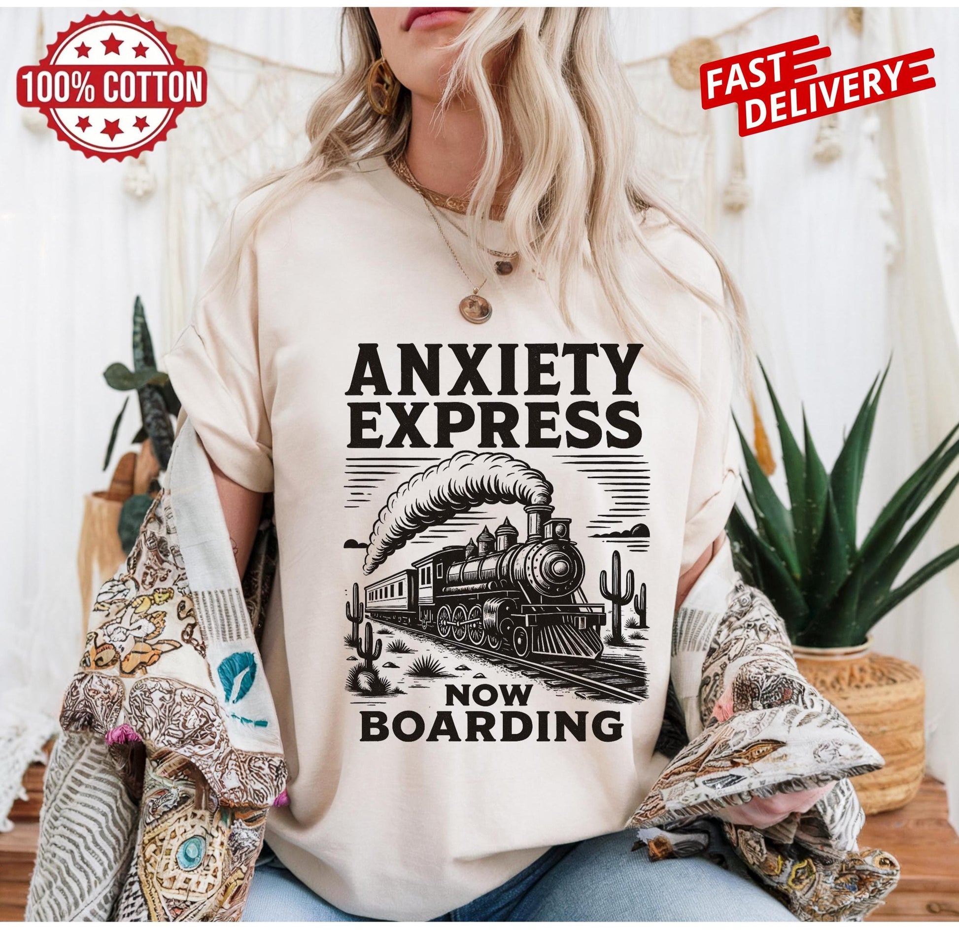 Anxiety Express sarcastic train tee, funny anxiety quote shirt, mental health humor gift, retro oversized t-shirt unisex