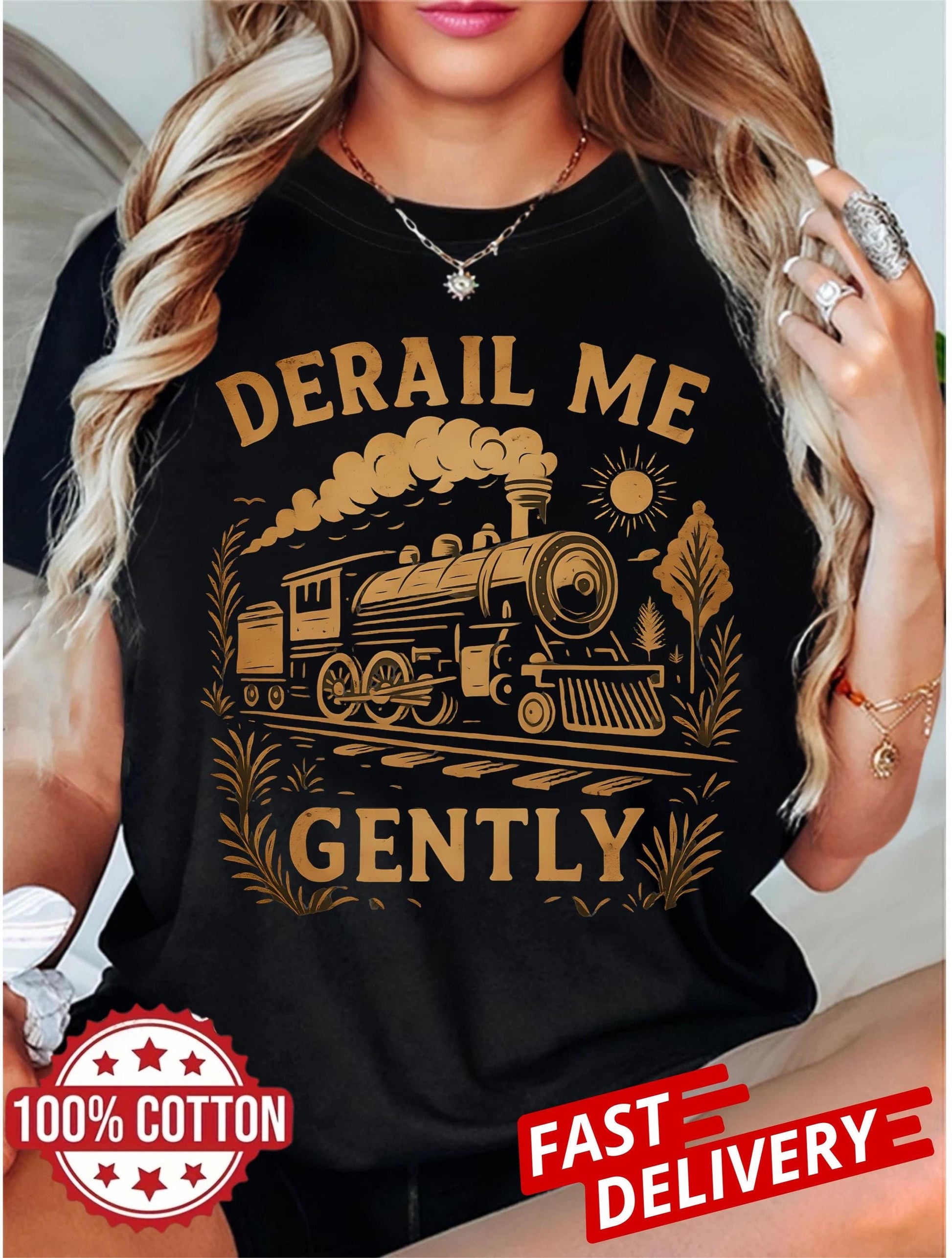 derail me gently tee with bold vintage train illustration, adult unisex t-shirt with locomotive art and sarcastic alternative style