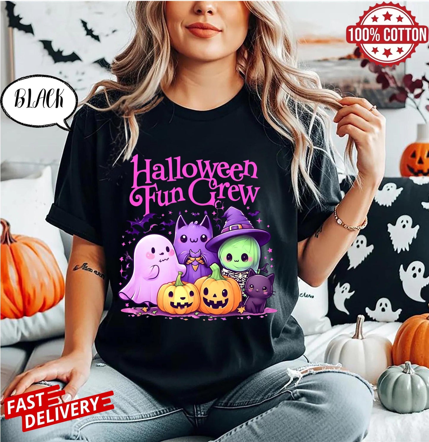 Comfort Colors Halloween Shirt,Cute Spooky Season Tee with Ghost Bat Witch Cat Pumpkins ,Kawaii Fall Graphic Top, Autumn Party Outfit