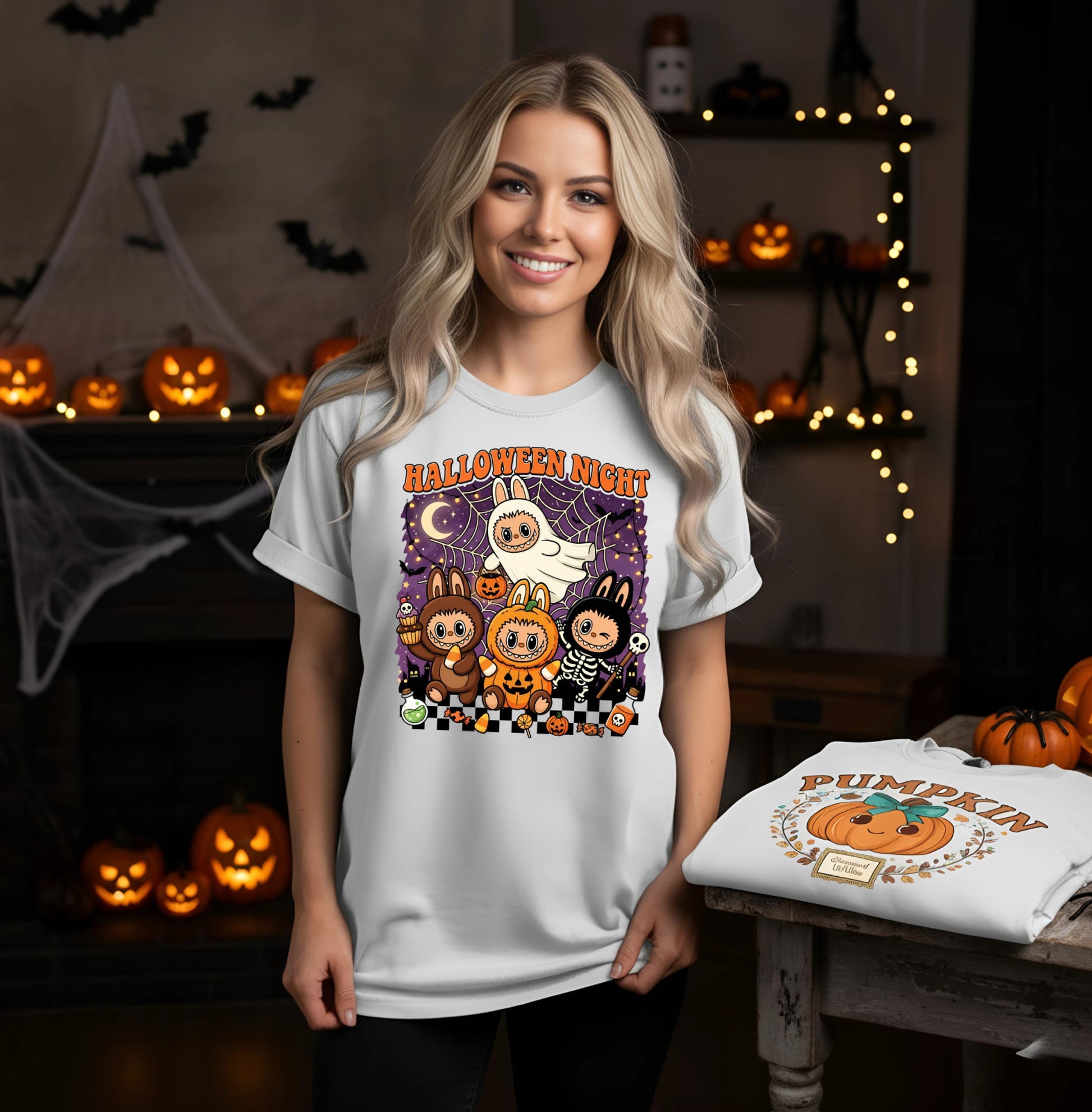 Kawaii Halloween T Shirt Halloween Night Cute Pumpkin Ghost Skeleton Monster Graphic Tee Unisex Spooky Labubu Bunny Shirt Funny Gift