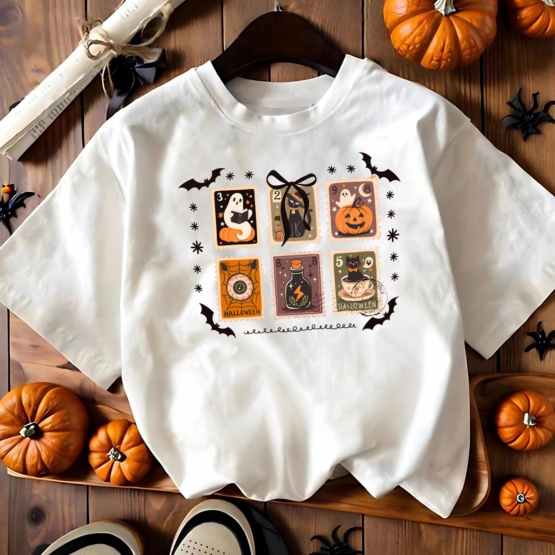 Comfort Colors Halloween T Shirt Espresso Brown Garment Dyed Graphic Tee Ghost Pumpkin Witch Cat Stamps Skeleton Haunted House Unisex Gift