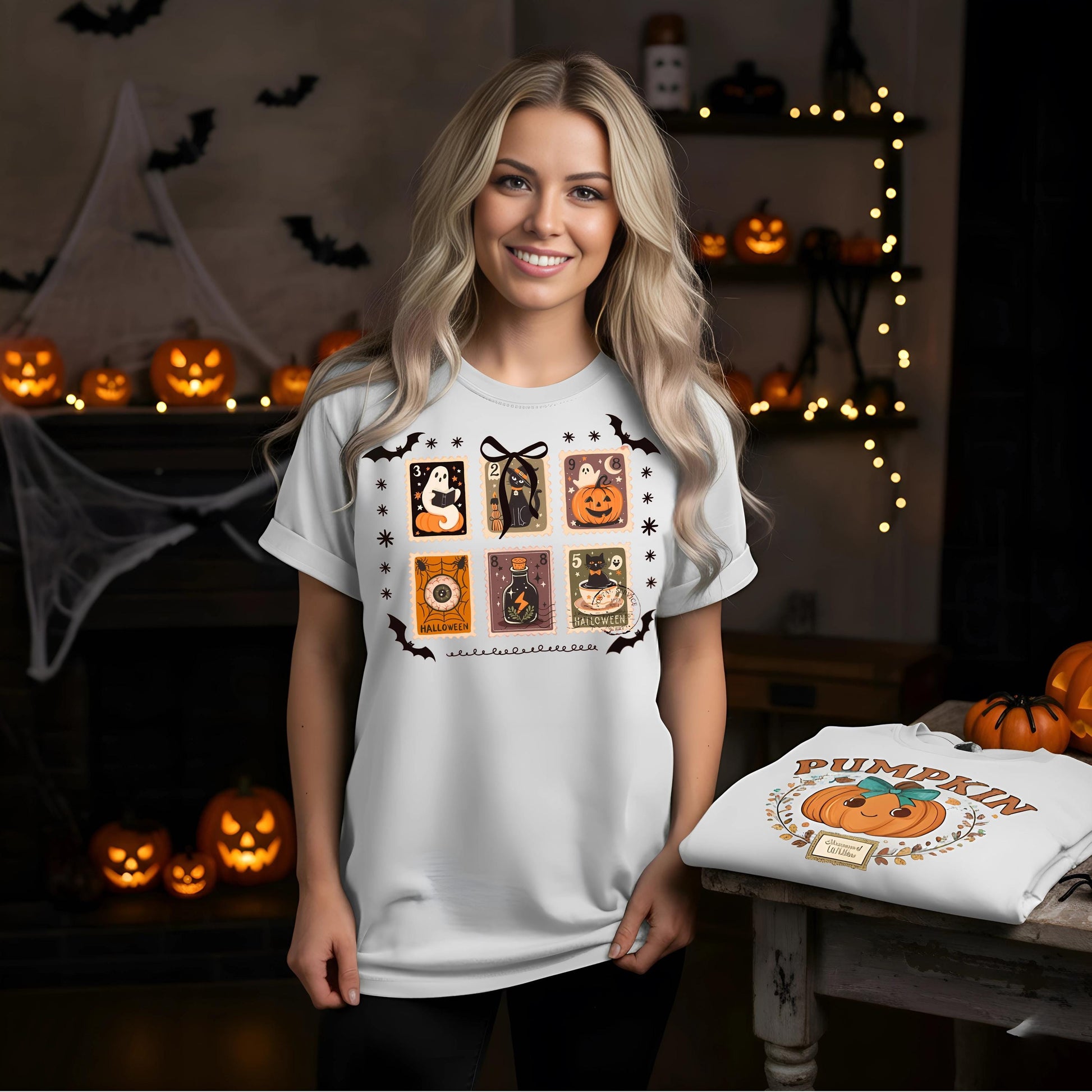 Halloween Stamps T Shirt Comfort Colors Espresso Super Soft Tee Ghost Pumpkin Witch Cat Potion Eye Graphic Unisex Spooky Season Gift