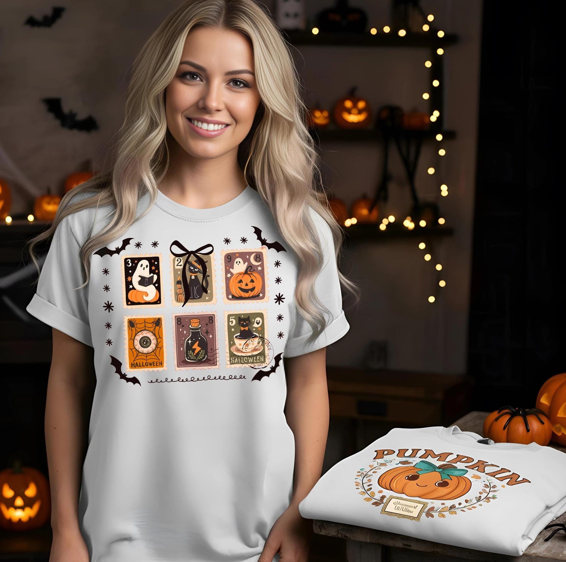 Comfort Colors Halloween T Shirt Espresso Brown Garment Dyed Graphic Tee Ghost Pumpkin Witch Cat Stamps Skeleton Haunted House Unisex Gift