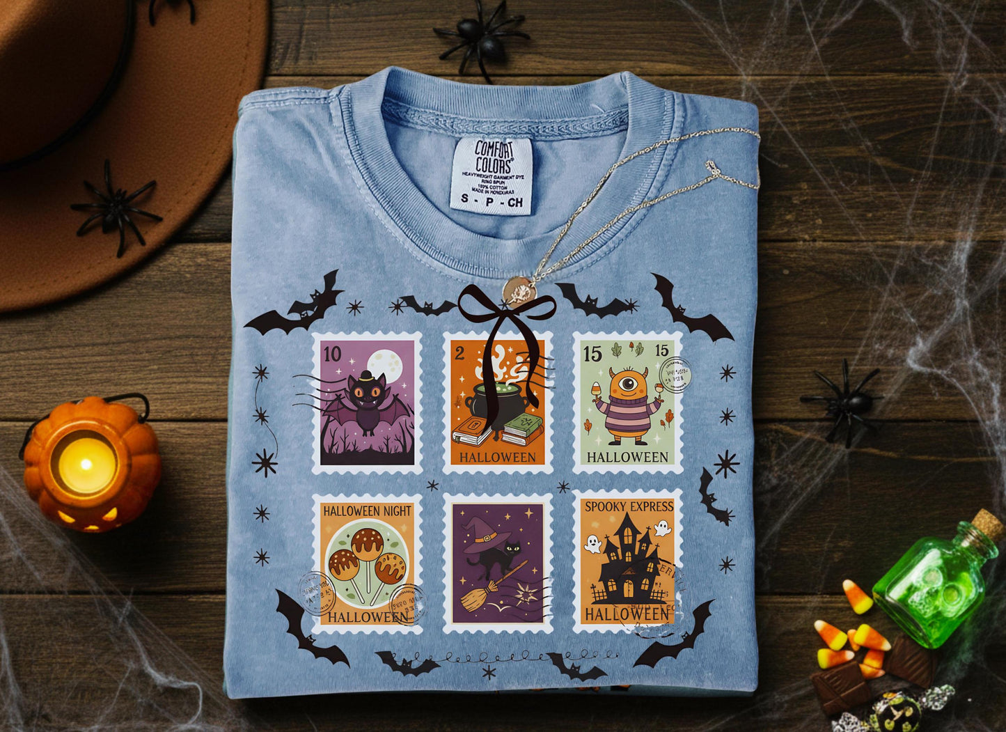 Comfort Colors Halloween TShirt Pumpkin Orange Graphic Tee Spooky Stamps Bat Zombie Witch Haunted House Ghost Cat Potion Skeleton Gift Shirt