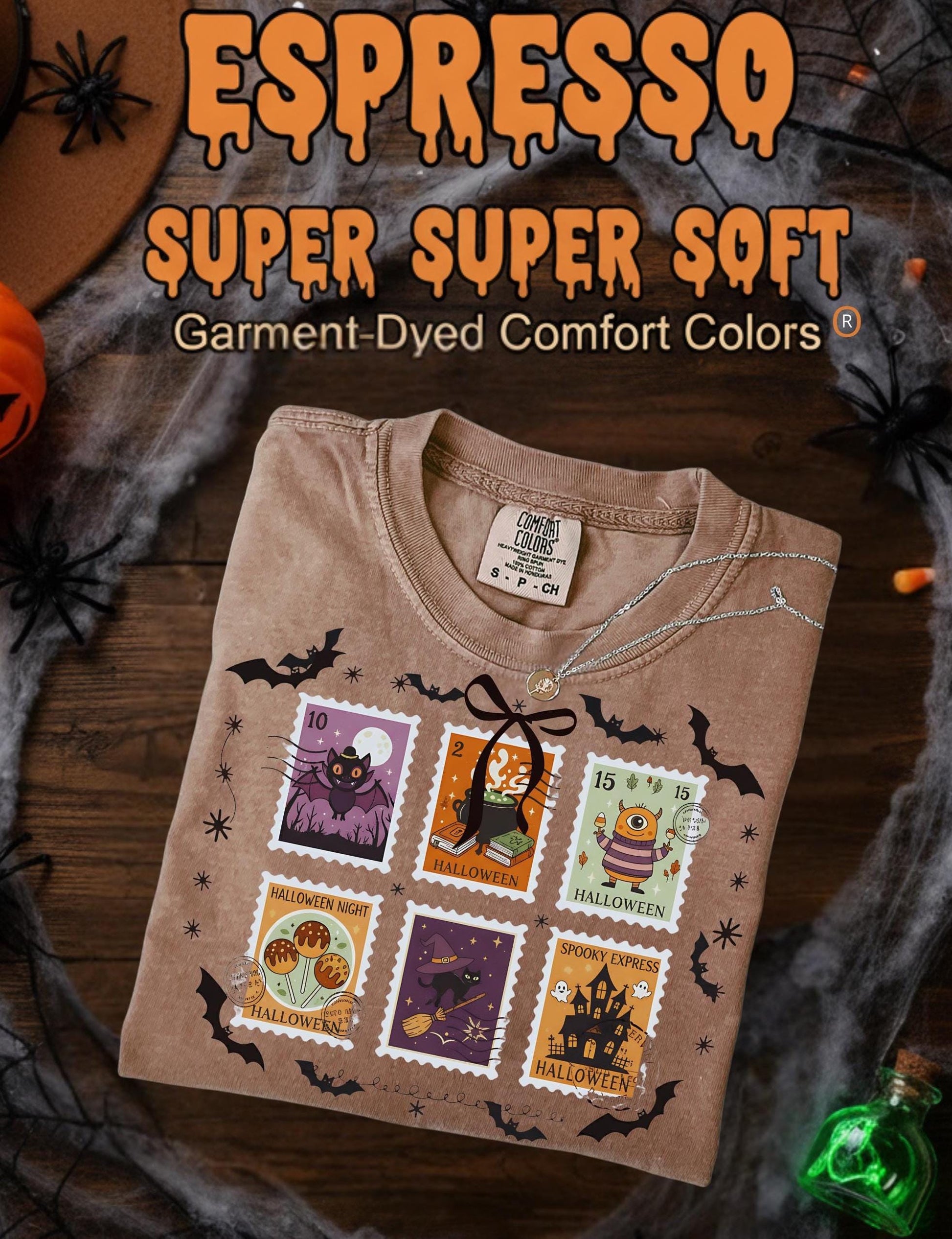 Halloween Stamps T Shirt Comfort Colors Pumpkin Orange Graphic Tee Bat Zombie Witch Haunted House Ghost Cat Potion Skeleton Unisex Gift