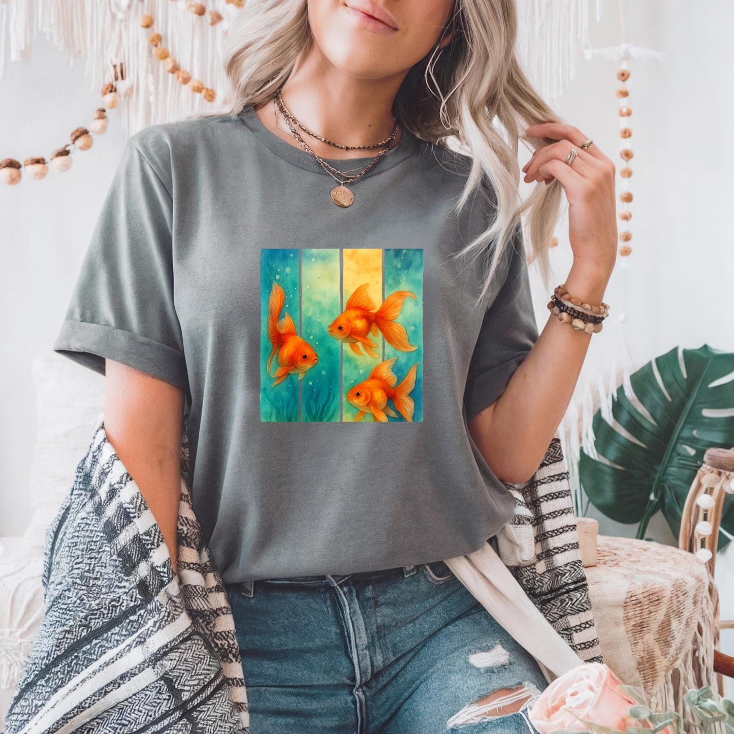 Unisex Heavy Cotton T Shirt Colorful Goldfish Art Tee Aquatic Lovers Gift Fish Enthusiasts Casual Wear Unique Fish Graphic Top Apparel