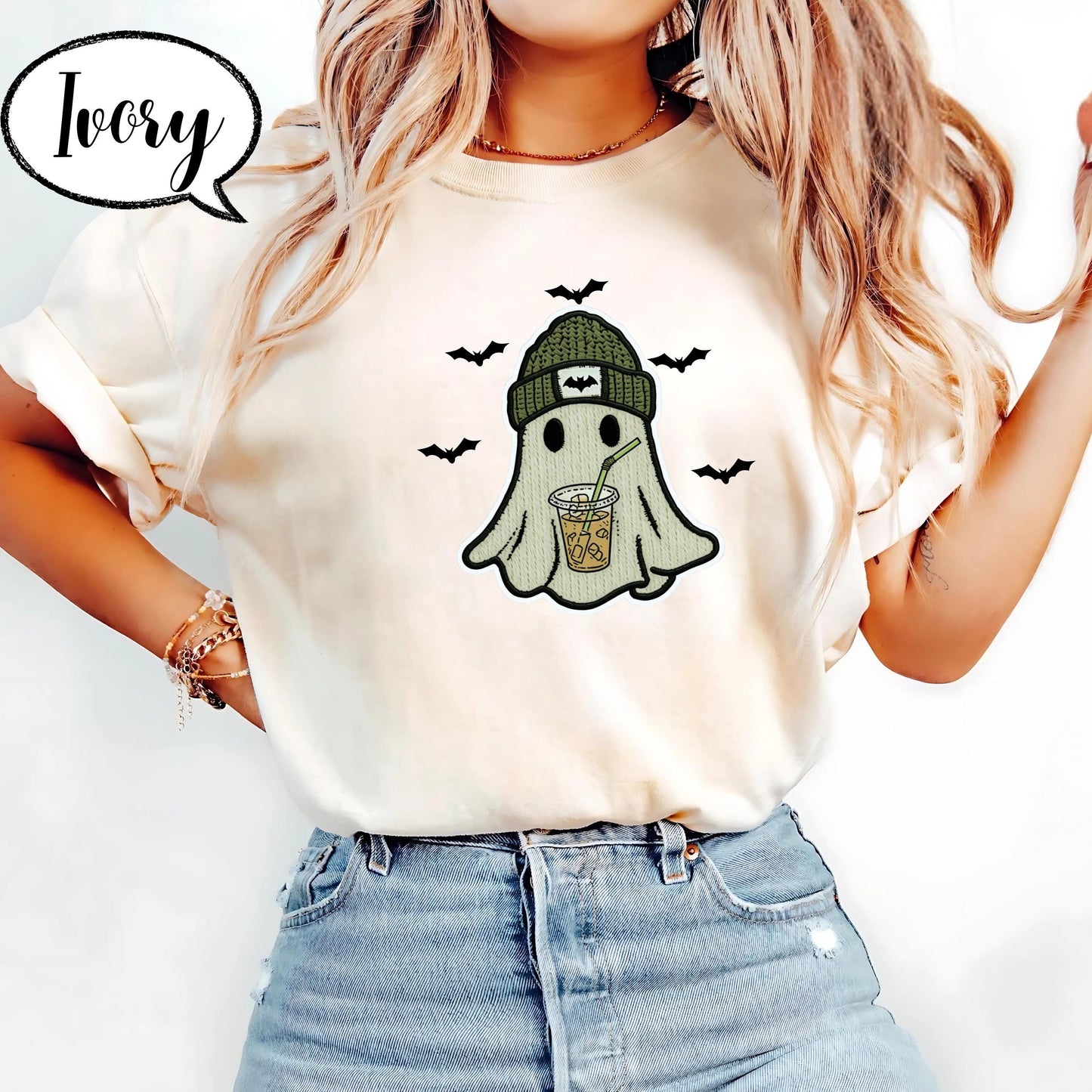 Comfort Colors® Halloween Ghost Shirt, Spooky Season Tee, Cute Ghost with Coffee Top, Cozy Fall Outfit, Retro Aesthetic Graphic Tee