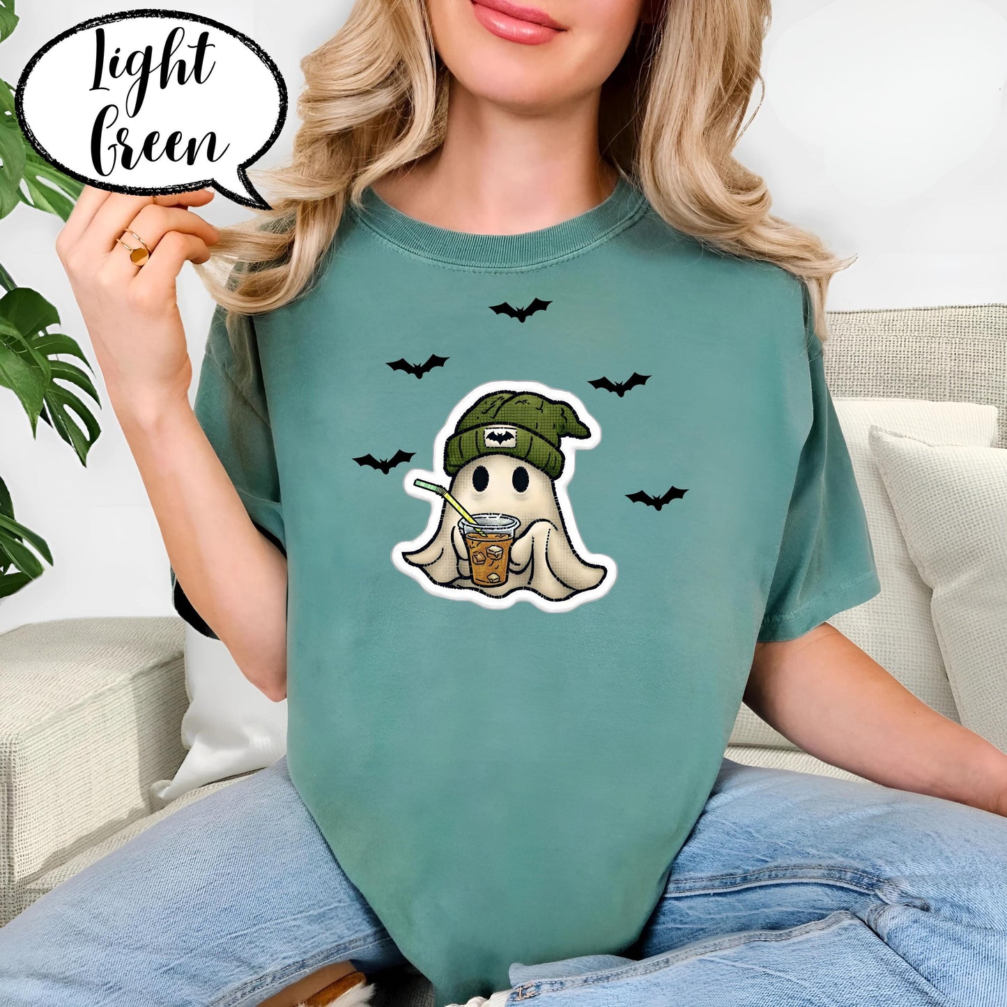 Comfort Colors® Halloween Ghost Shirt, Spooky Season Tee, Cute Ghost with Coffee Top, Cozy Fall Outfit, Retro Aesthetic Graphic Tee