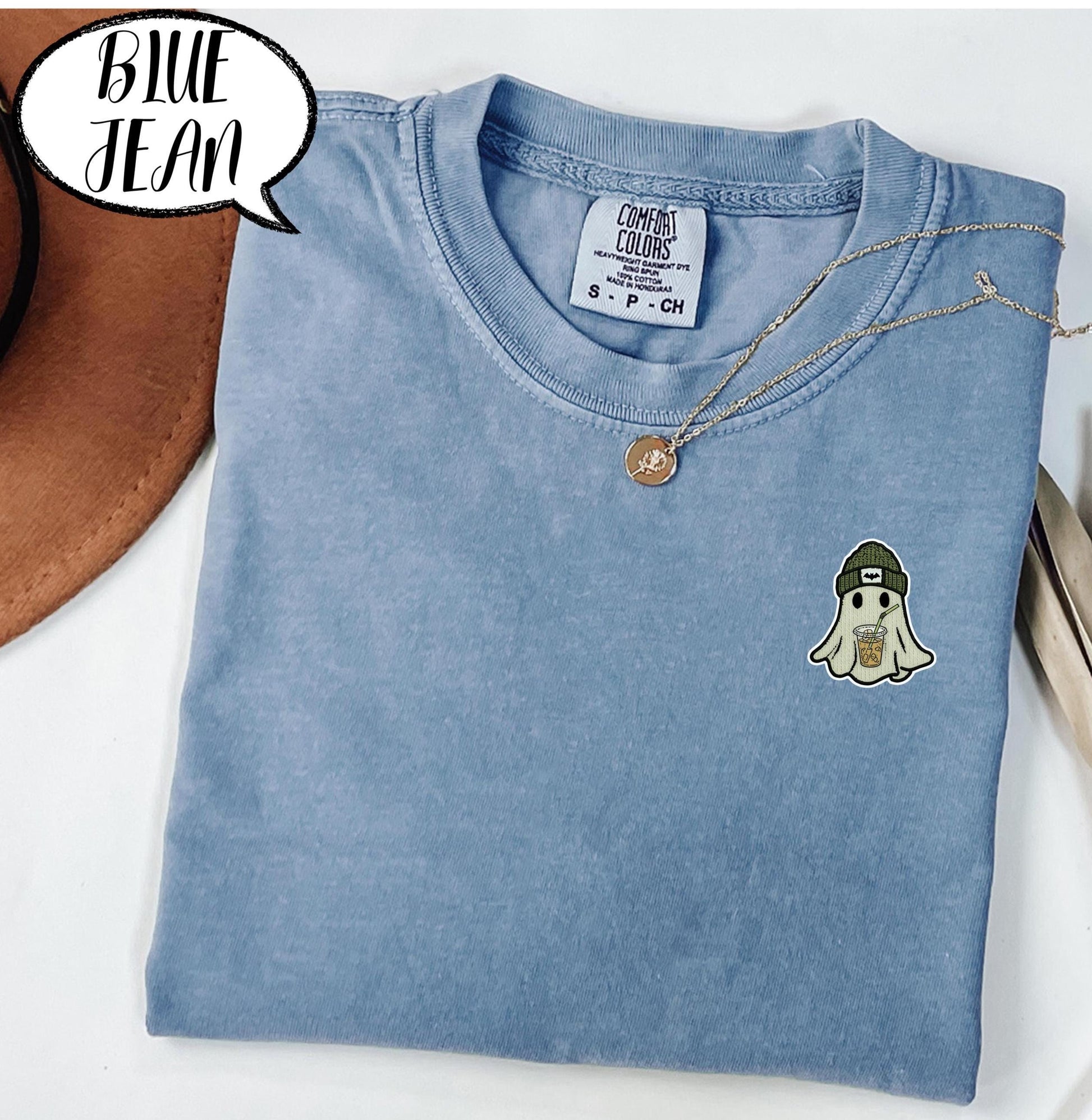 Comfort Colors® Embroidered Ghost Shirt, Minimal Halloween T Shirt, Cute Coffee Ghost Pocket Top, Spooky Season Tee, Fall Graphic Shirt