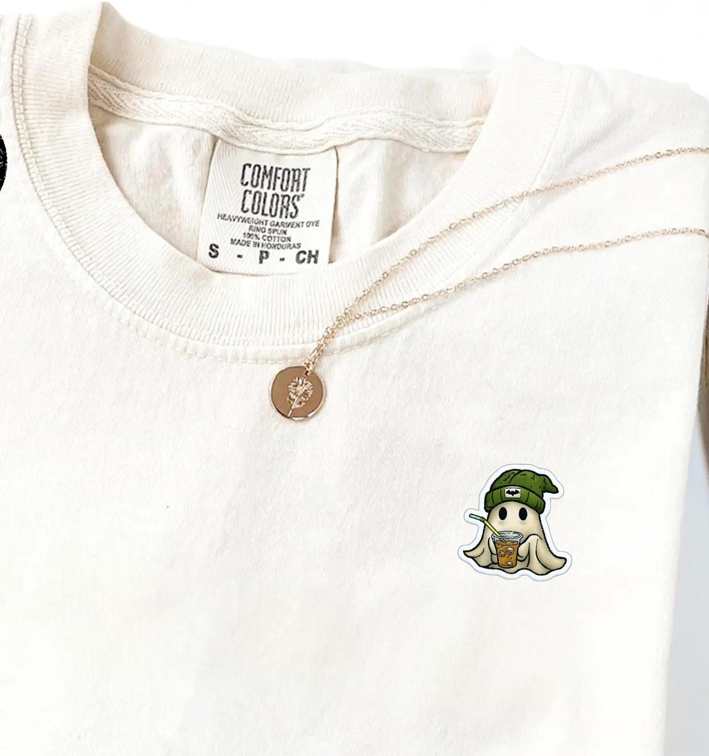 Comfort Colors® Embroidered Pocket Ghost Shirt, Cute Coffee Ghost T Shirt, Minimal Halloween Embroidery Top, Cozy Fall Spooky Season Tee