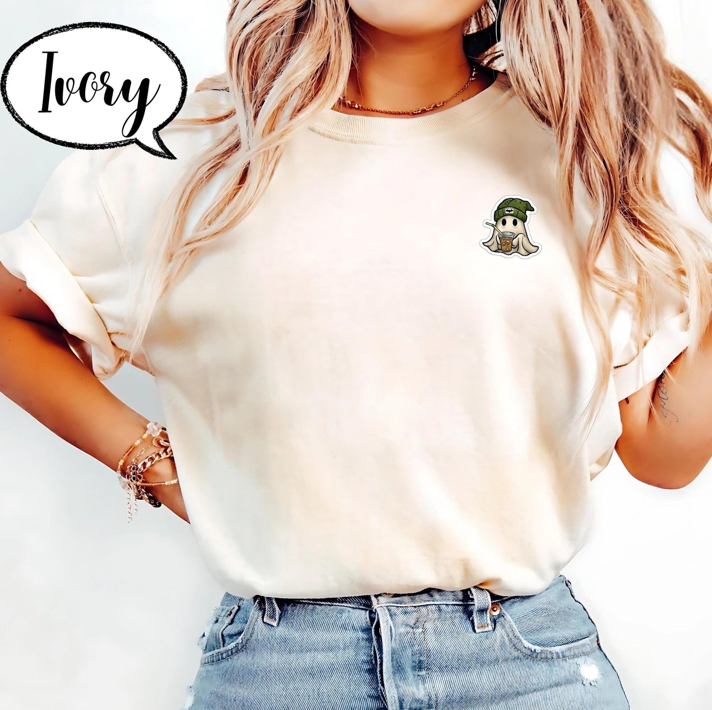 Comfort Colors® Embroidered Pocket Ghost Shirt, Cute Coffee Ghost T Shirt, Minimal Halloween Embroidery Top, Cozy Fall Spooky Season Tee