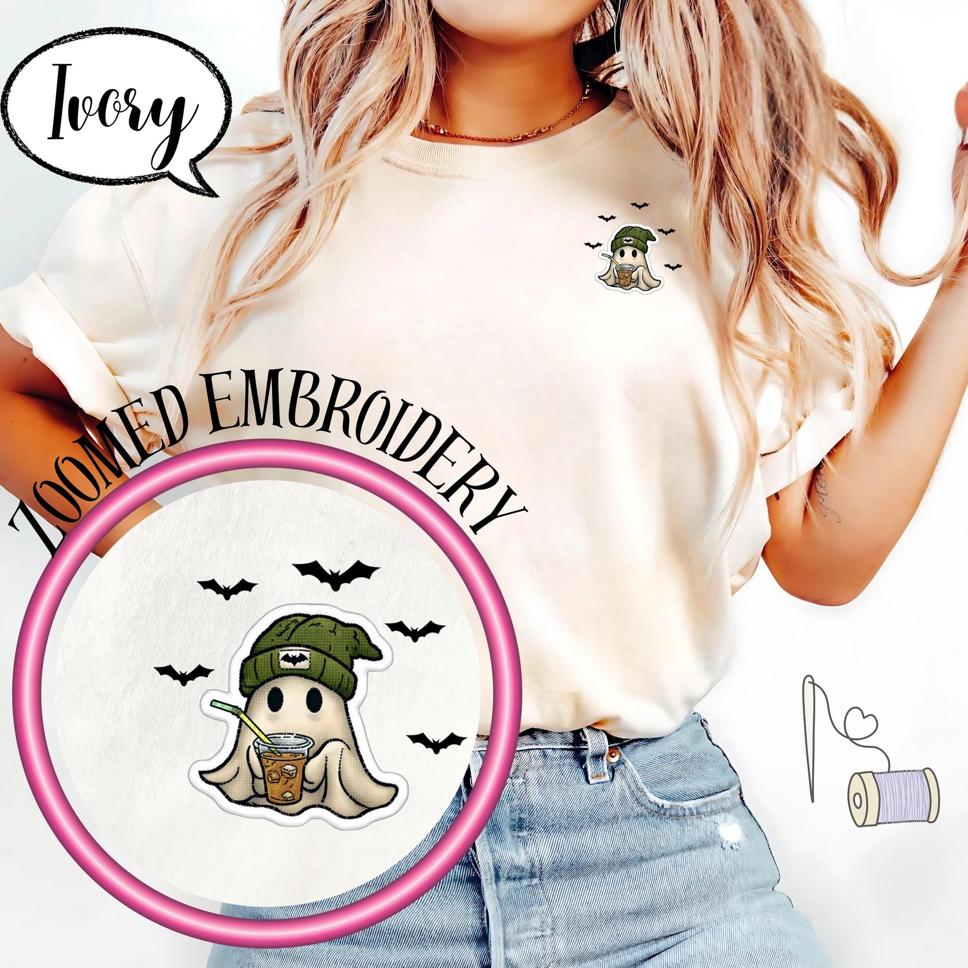 Comfort Colors® Embroidered Pocket Ghost Shirt, Cute Coffee Ghost T Shirt, Minimal Halloween Embroidery Top, Cozy Fall Spooky Season Tee