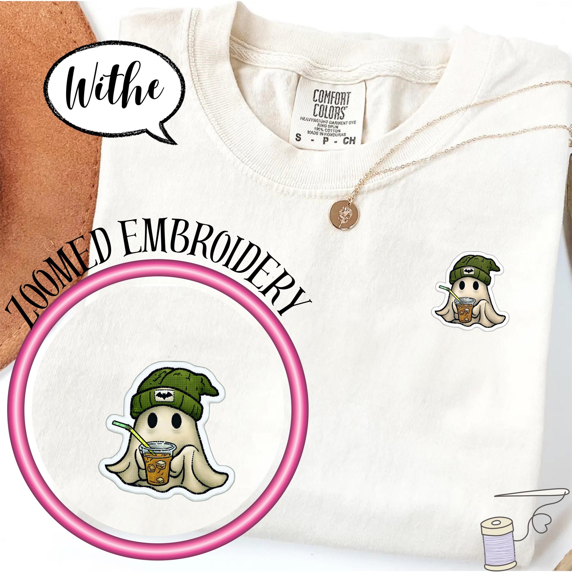 Comfort Colors® Embroidered Pocket Ghost Shirt, Cute Coffee Ghost T Shirt, Minimal Halloween Embroidery Top, Cozy Fall Spooky Season Tee