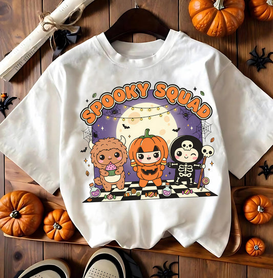 Kawaii Halloween T Shirt Spooky Squad Cute Pumpkin Ghost Skeleton Monster Graphic Tee Unisex Trick Or Treat Labubu Bunny Shirt Funny Gift
