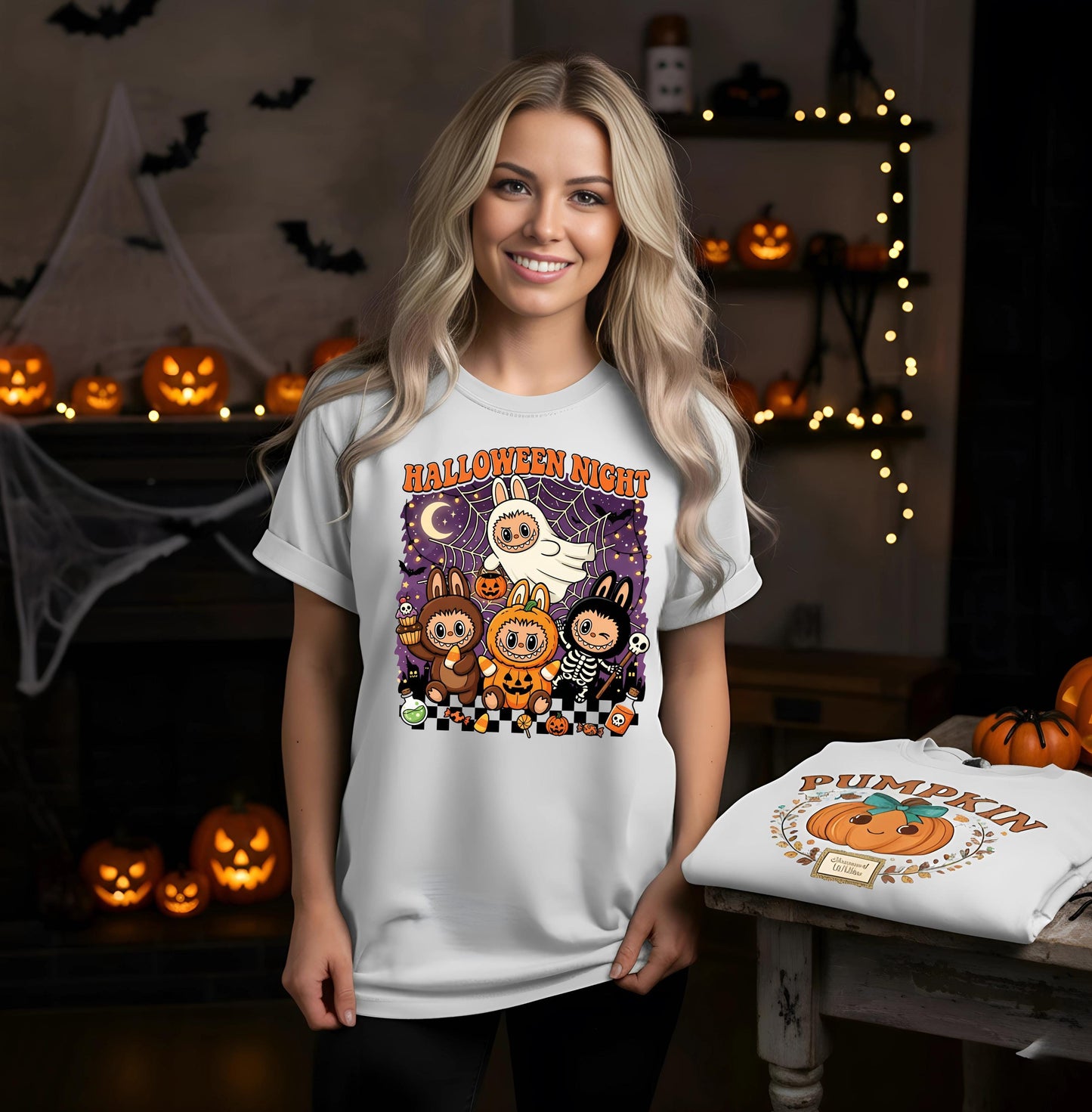 Halloween Night Shirt, Cute Kawaii Pumpkin Ghost Skeleton Monster Graphic Tee, Unisex Funny Spooky Party Gift, Labubu Shirt Halloween,Labubu