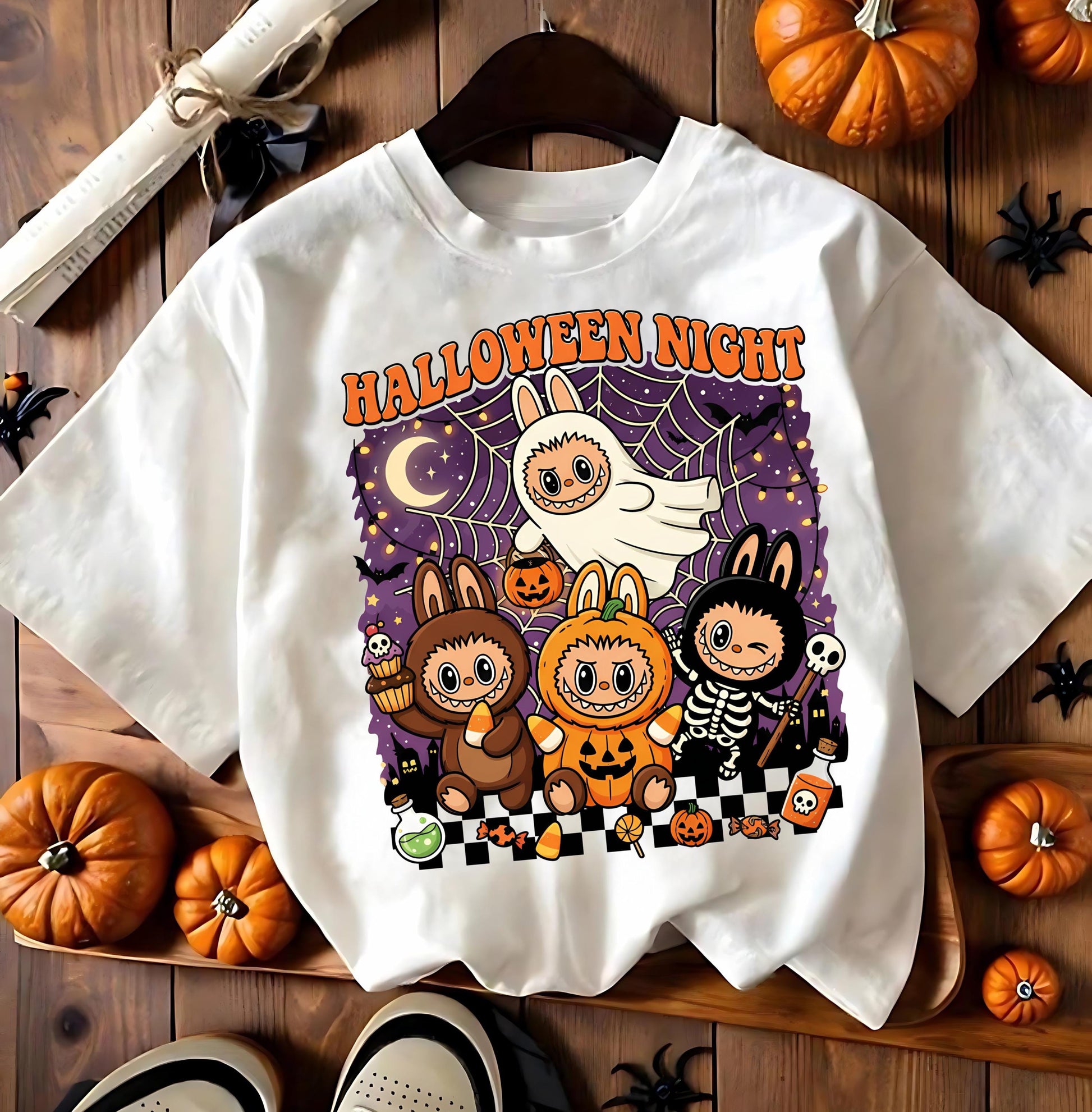 Kawaii Halloween T Shirt Halloween Night Cute Pumpkin Ghost Skeleton Monster Graphic Tee Unisex Spooky Labubu Bunny Shirt Funny Gift