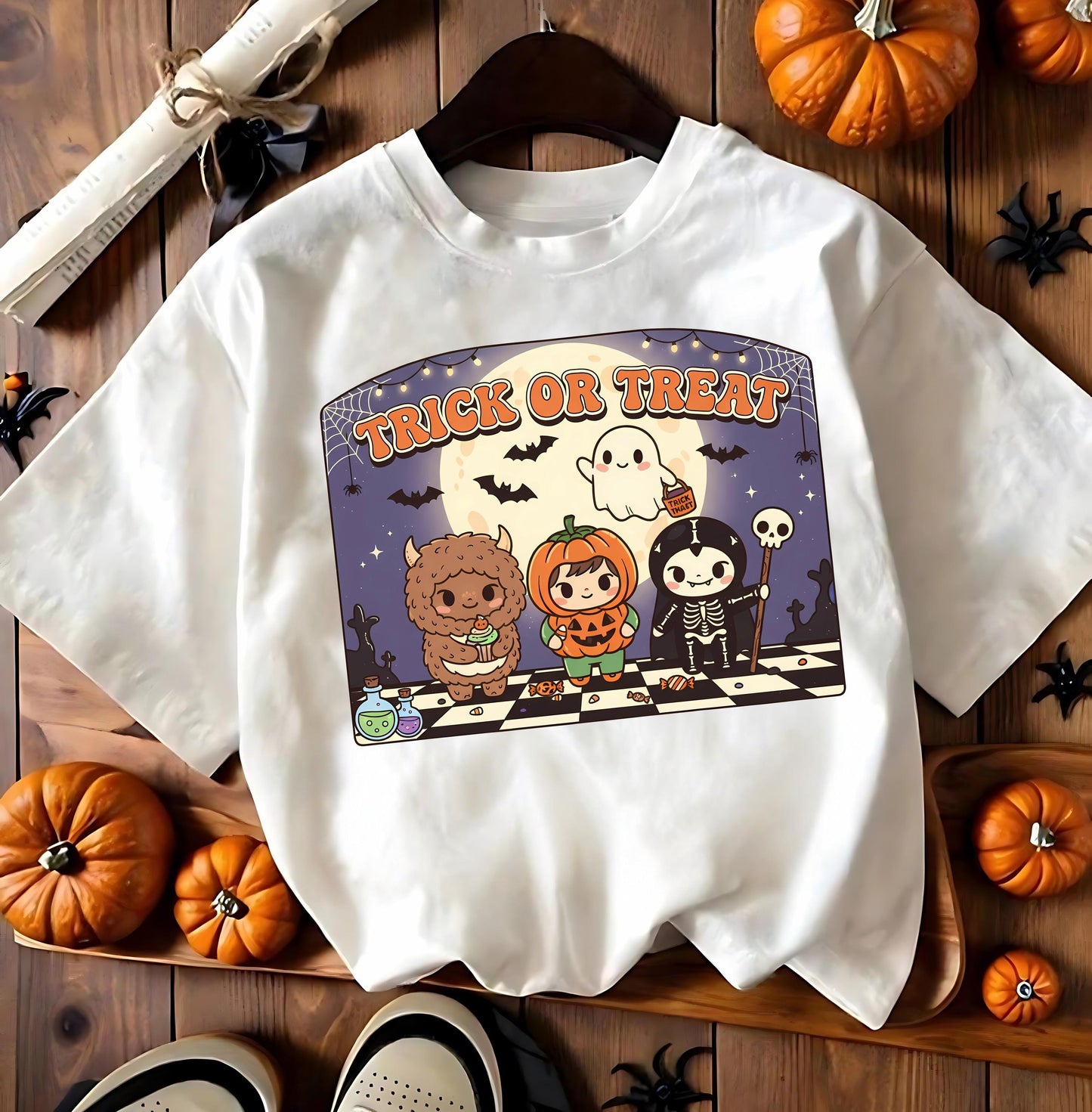 Kawaii Trick Or Treat T Shirt Cute Halloween Pumpkin Ghost Skeleton Monster Graphic Tee Unisex Spooky Labubu Shirt, Halloween,LaBubu Bunny