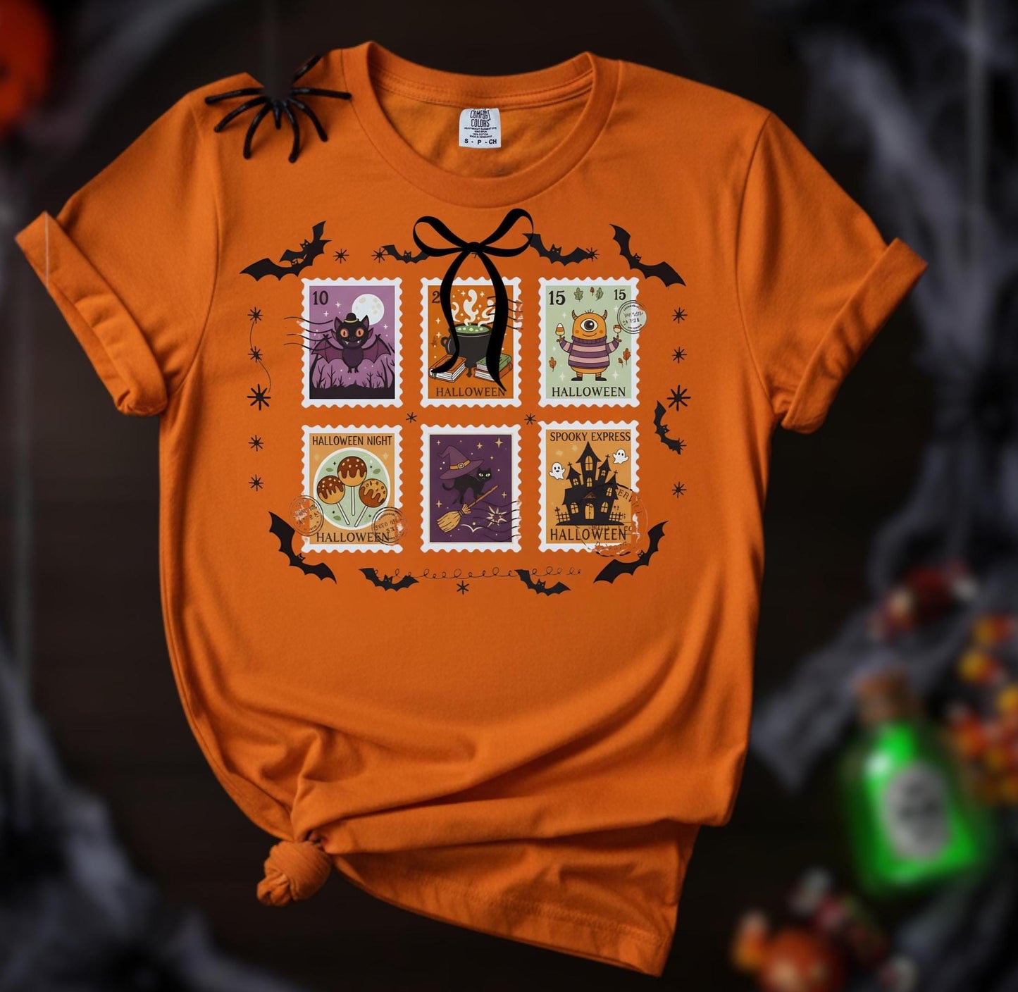 Comfort Colors Halloween T Shirt Pumpkin Orange Graphic Tee Spooky Stamps Bat Zombie Witch Haunted House Ghost Cat Potion Skeleton Gift