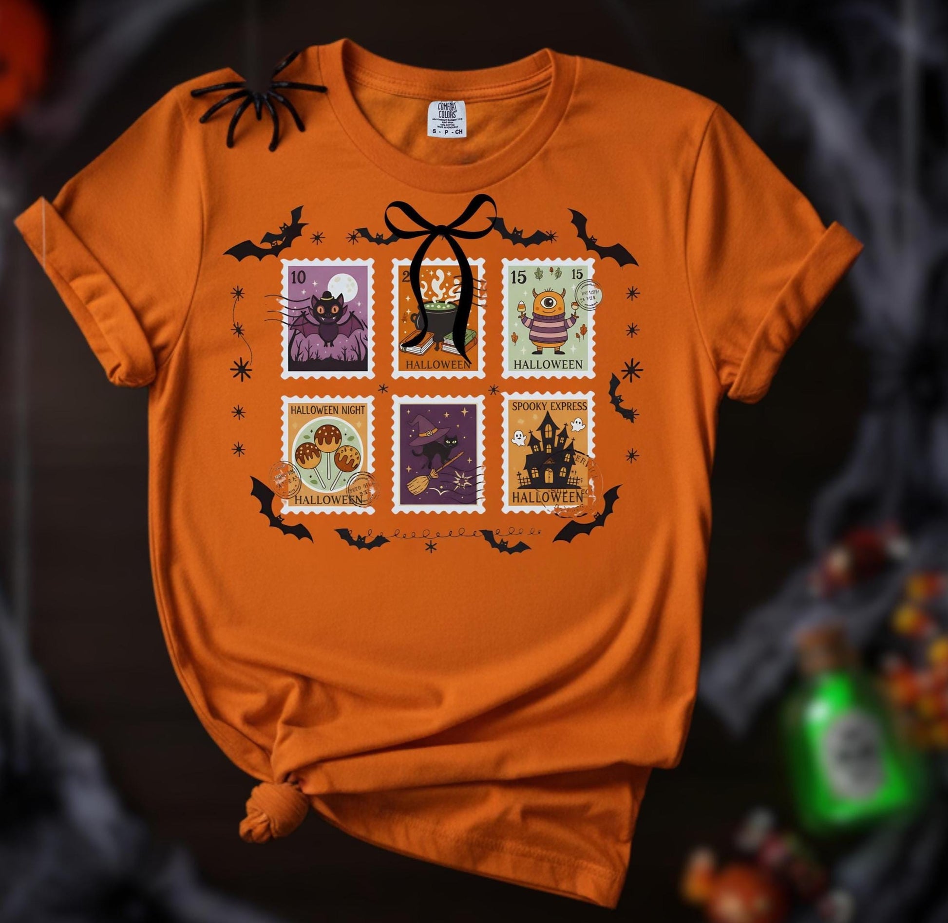 Comfort Colors Halloween T Shirt Pumpkin Orange Graphic Tee Spooky Stamps Bat Zombie Witch Haunted House Ghost Cat Potion Skeleton Gift