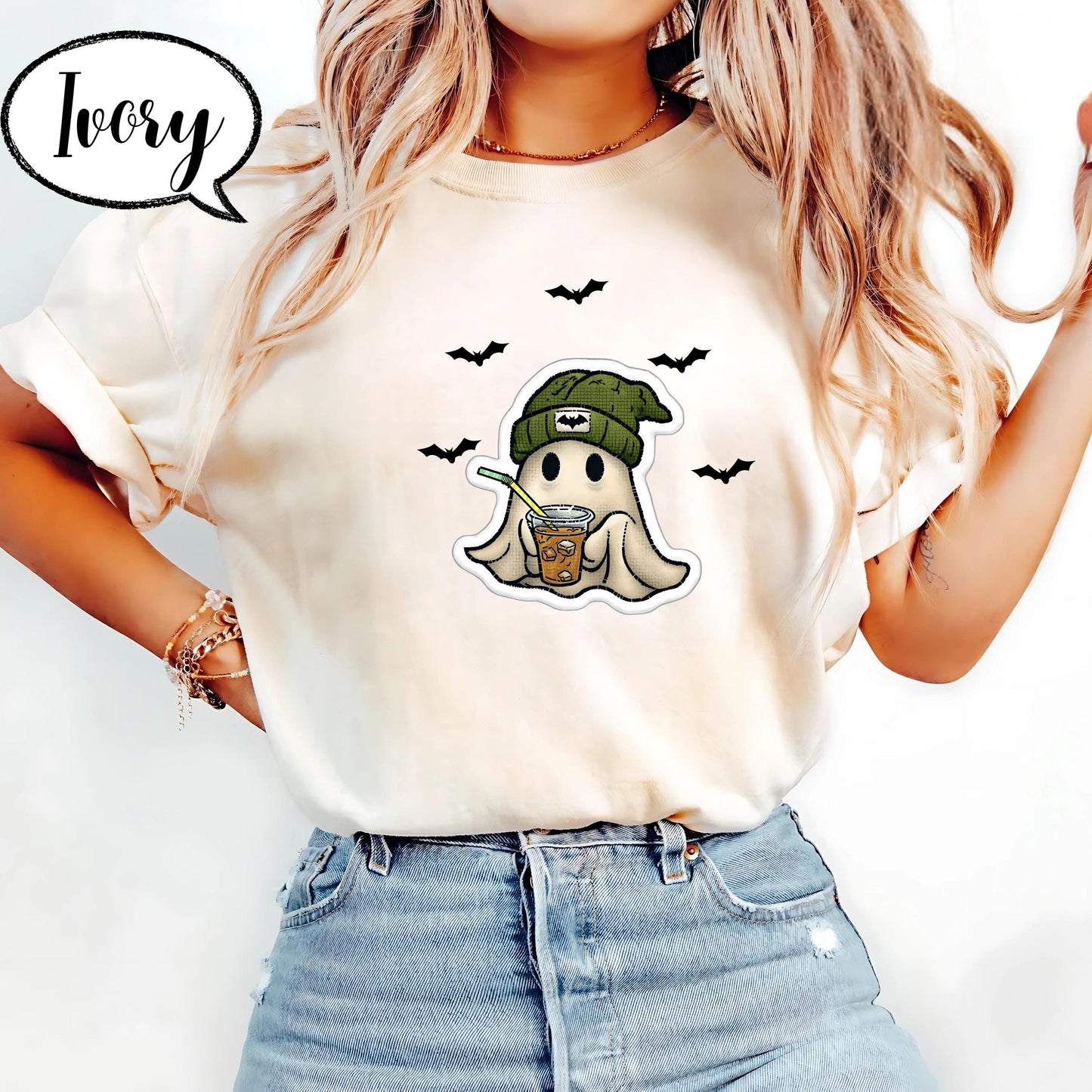 Comfort Colors® Coffee Halloween Shirt, Cute Ghost T Shirt, Spooky Season Tee, Iced Coffee Lover Top, Cozy Fall Graphic Shirt Unisex