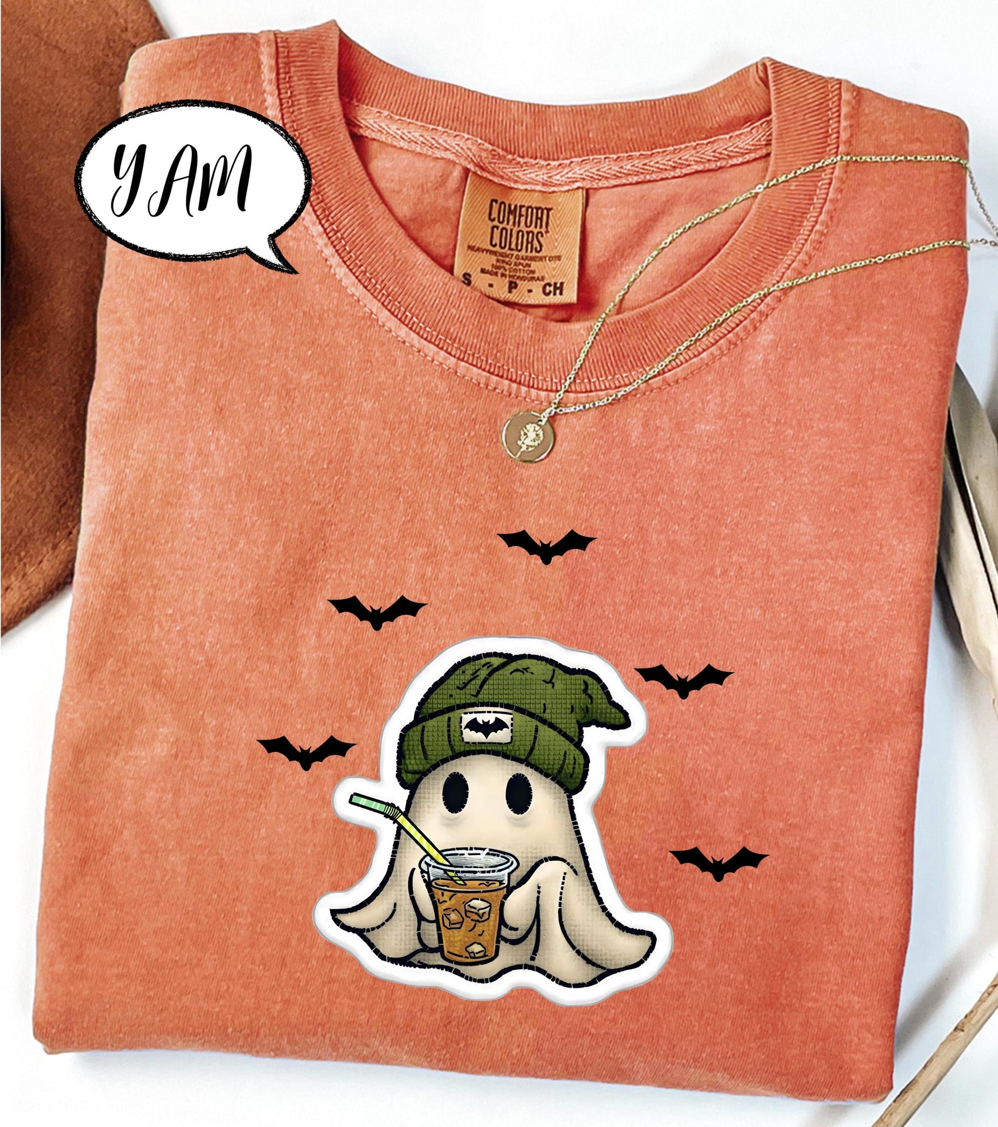 Comfort Colors® Halloween Ghost Shirt, Spooky Season Tee, Cute Ghost with Coffee Top, Cozy Fall Outfit, Retro Aesthetic Graphic Tee