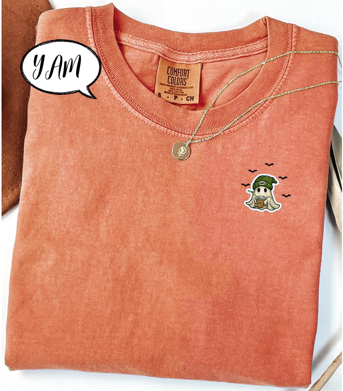 Comfort Colors® Embroidered Halloween Ghost Shirt, Spooky Season Tee, Minimal Pocket Ghost Top, Coffee Lover T Shirt, Cozy Fall Outfit