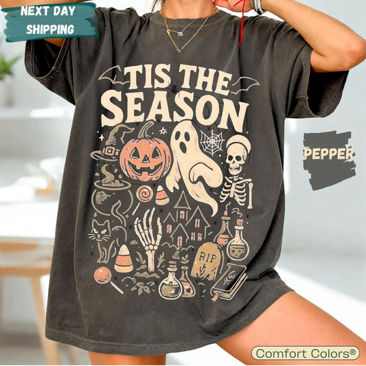 Vintage Halloween Comfort Colors® T Shirt | Retro 'Tis The Season Skeleton Pumpkin Ghost Halloween TShirt |Women's Shirt | Halloween