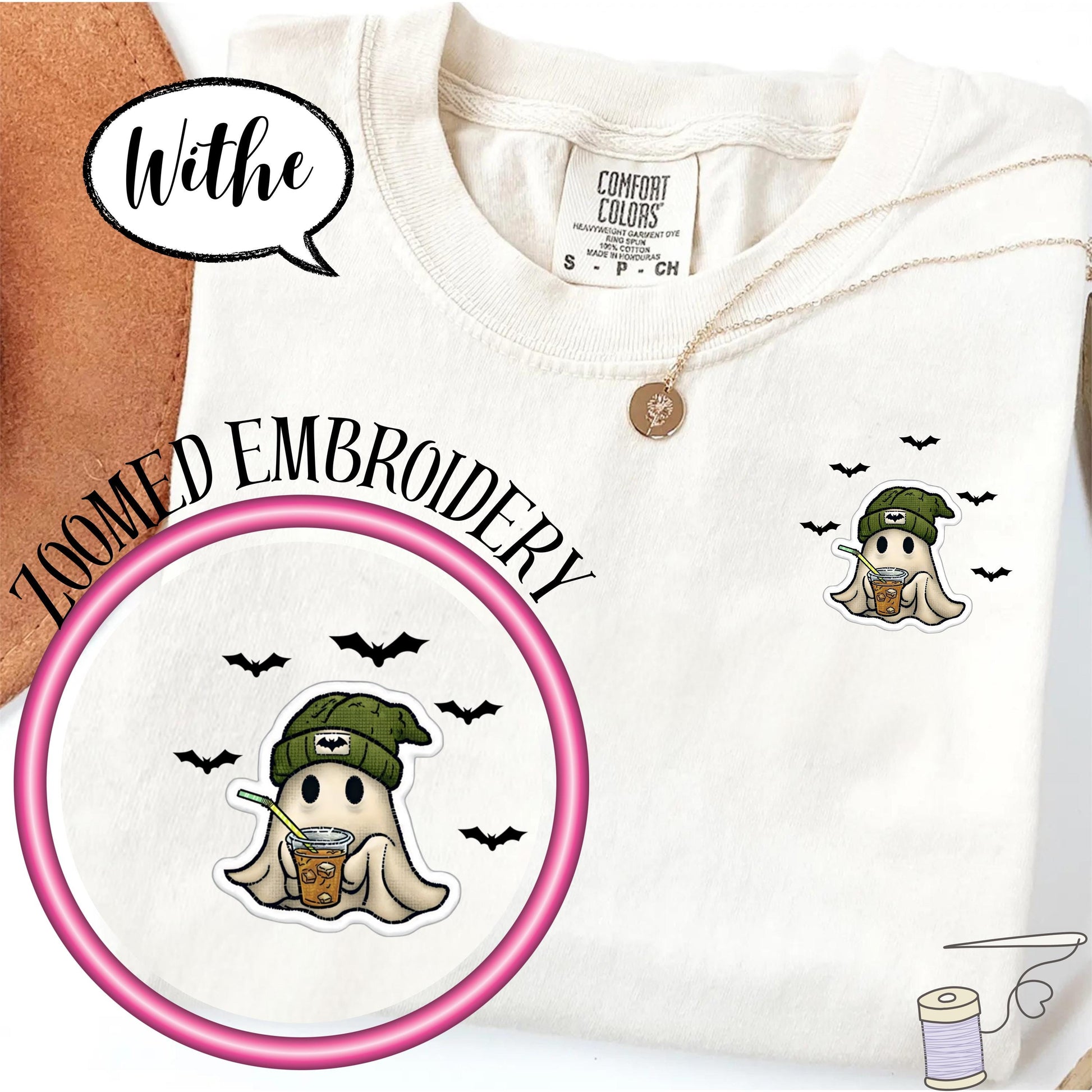 Comfort Colors® Embroidered Ghost Shirt, Minimal Halloween T Shirt, Cute Coffee Ghost Pocket Top, Spooky Season Tee, Fall Graphic Shirt