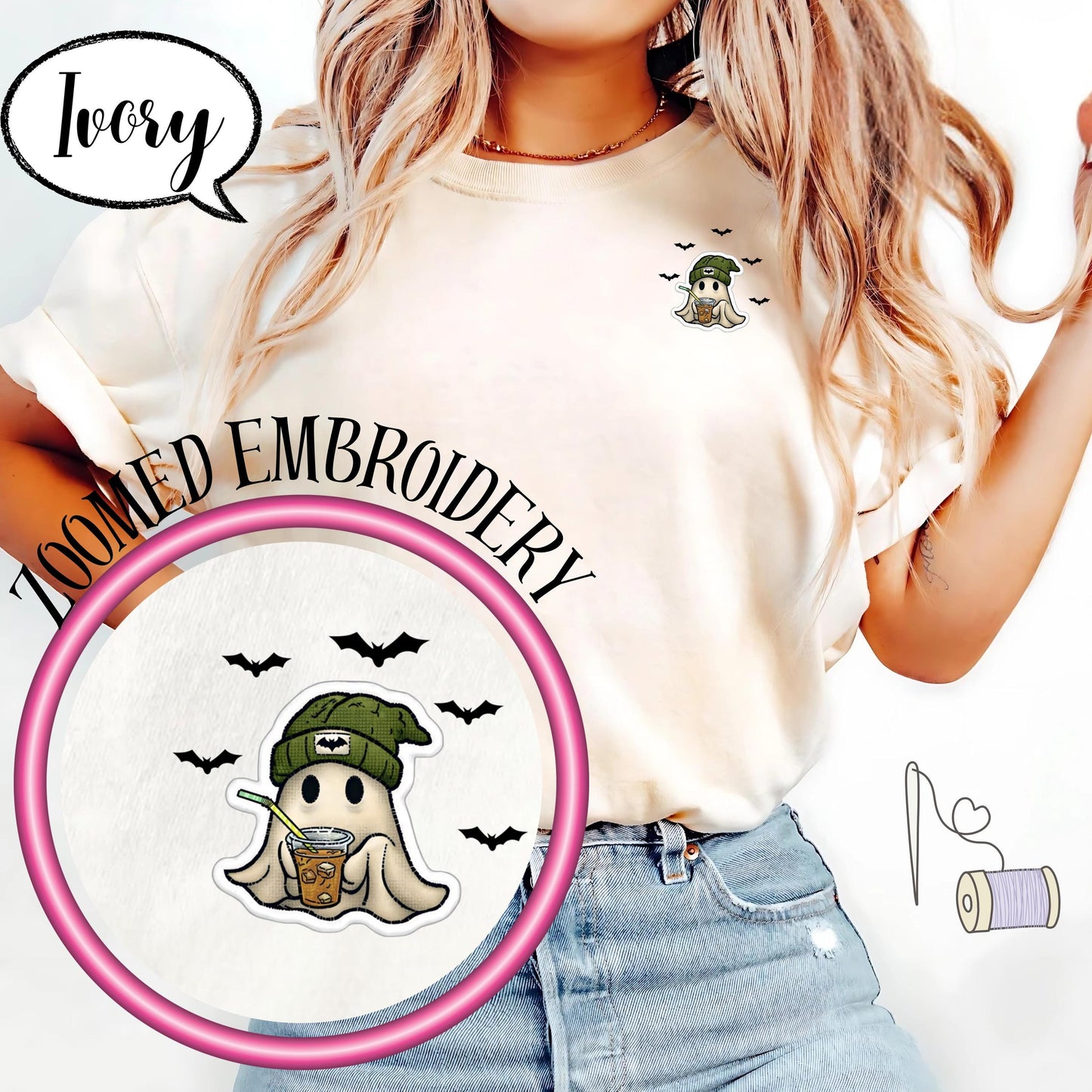 Comfort Colors® Embroidered Halloween Ghost Shirt, Spooky Season Tee, Minimal Pocket Ghost Top, Coffee Lover T Shirt, Cozy Fall Outfit