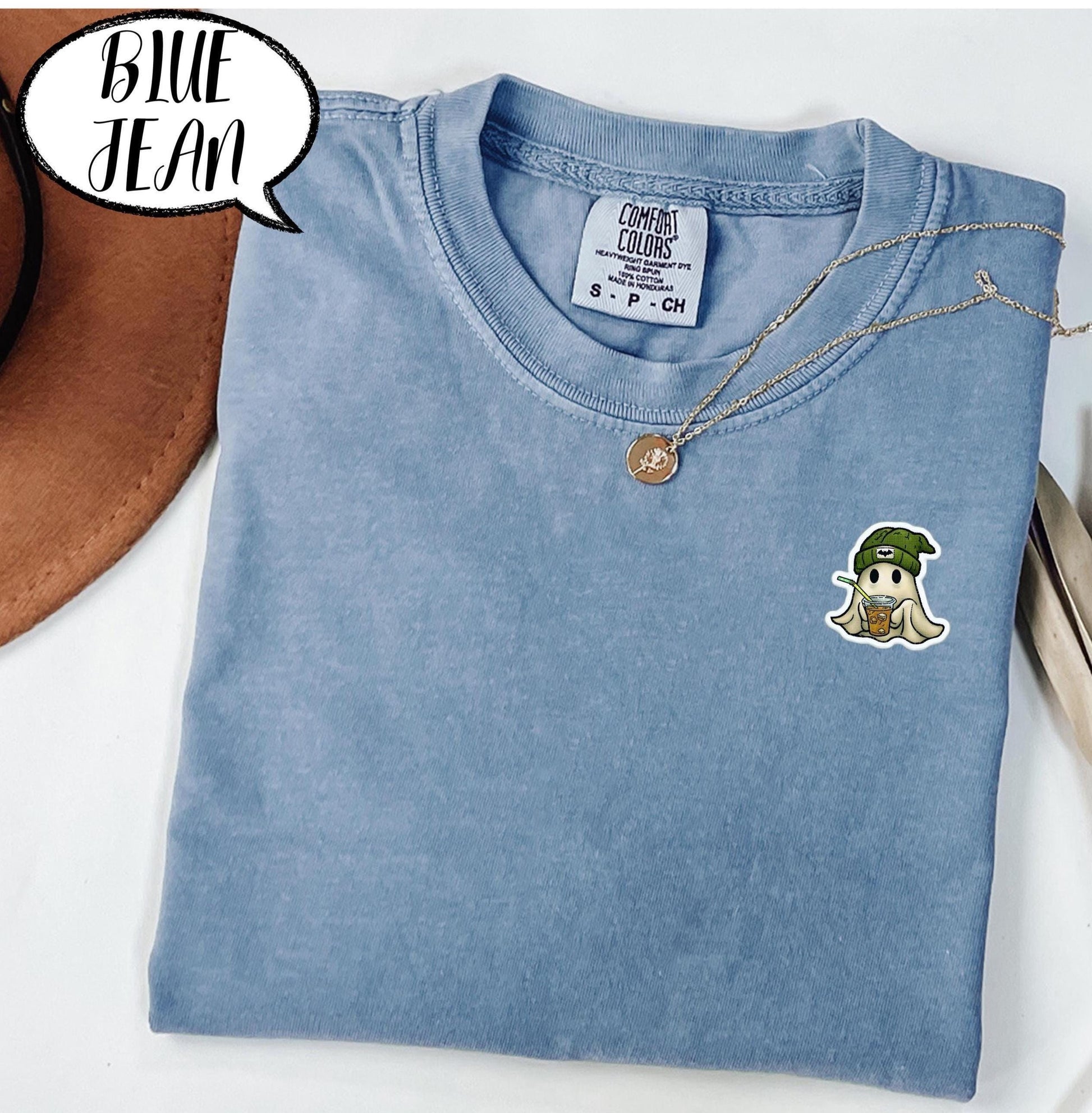 Confort Colors® Embroidered Ghost Shirt, Minimal Halloween T Shirt, Cute Coffee Ghost Pocket Top, Spooky Season Tee, Fall Graphic Shirt