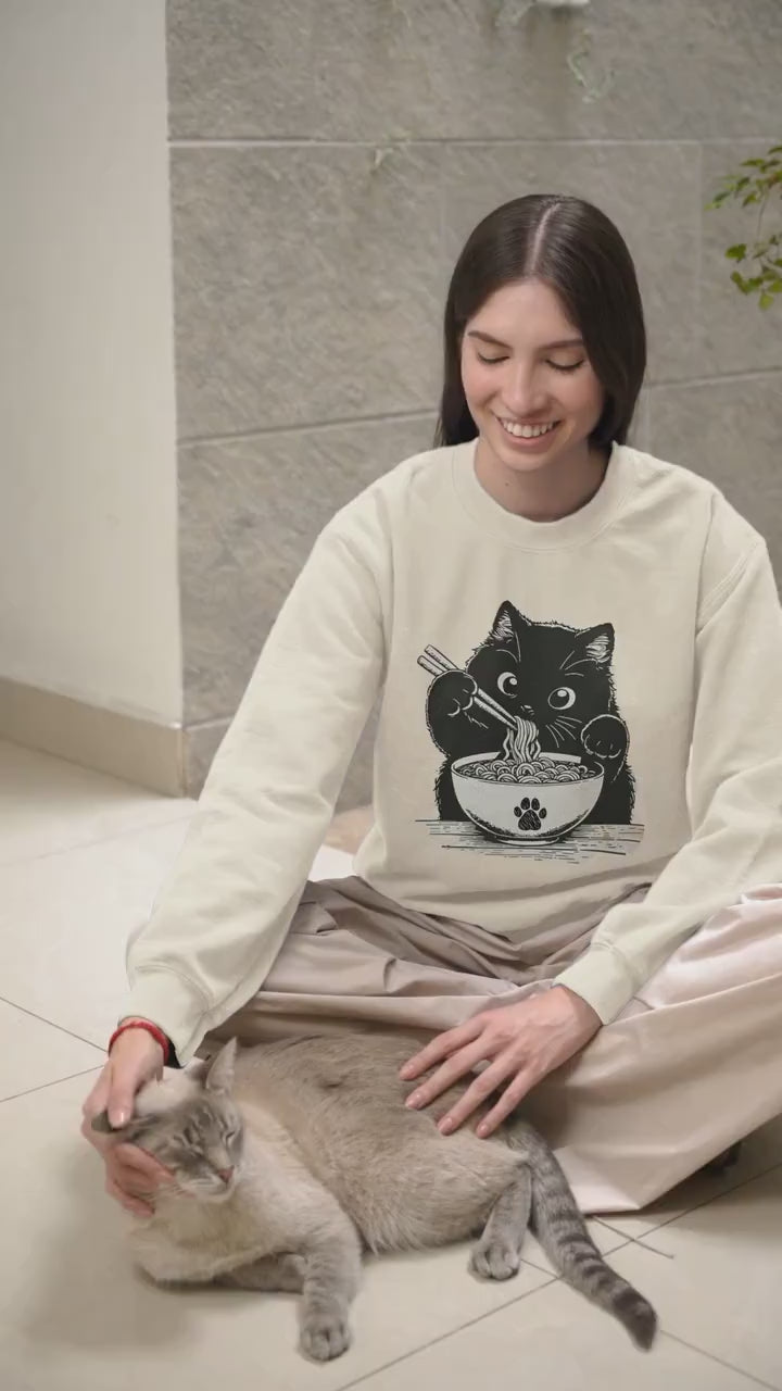 Noodle Cat Shirt Ramen Cat Sweatshirt Funny Cat Lover Tee Cat Mom Shirt Animal Lover Graphic Top Cute Cat Lovers Gift For Women Mom